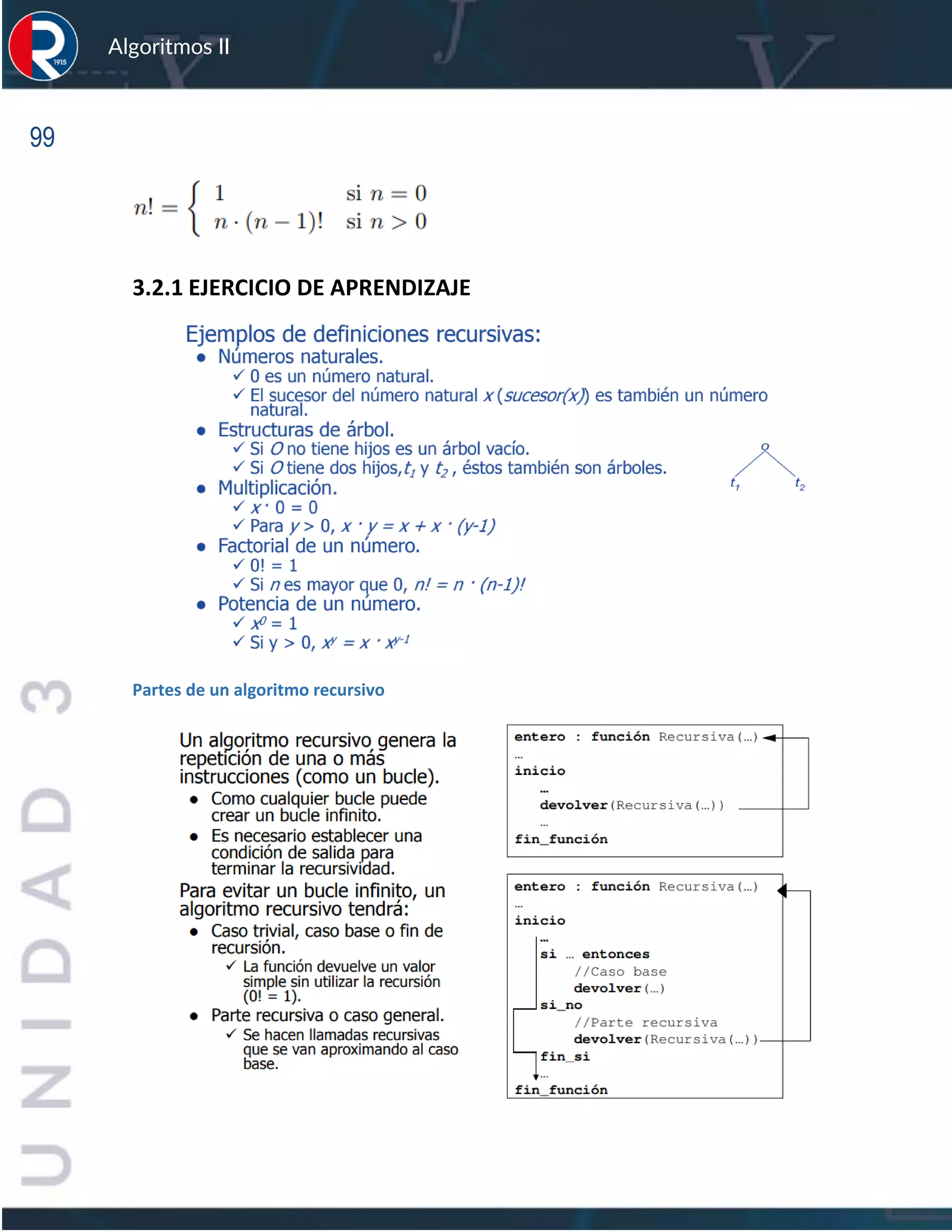 99
Algoritmos II
3.2.1 EJERCICIO DE APRENDIZAJE
Partes de un algoritmo recursivo
 