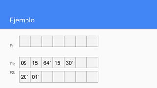 Ejemplo
F:
F1:
F2:
09 15 64´ 30´15
20´ 01´
 