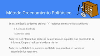 Método Ordenamiento Polifásico
En este método podemos ordenar “n” registros en m archivos auxiliares
m-1 Archivos de entrada
1 Archivo de Salida
Archivos de Entrada: Los archivos de entrada son aquellos que contendrán la
información para realizar el ordenamiento
Archivos de Salida: Los archivos de Salida son aquellos en donde se
guardarán los registros.
 