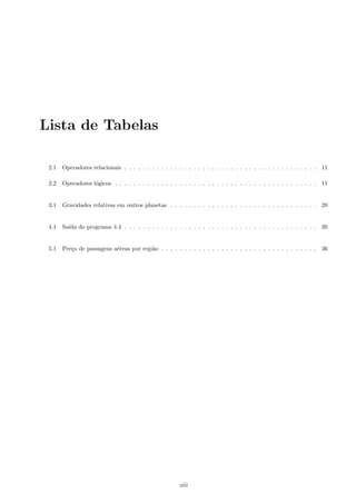 7.3.2 Equac~ao do segundo grau usando func~oes . . . . . . . . . . . . . . . . . . . . . . . . . . . 55 
7.3.3 Criac~ao de um vetor aleatorio usando func~ao . . . . . . . . . . . . . . . . . . . . . . . . . 55 
7.3.4 Concatenac~ao de 2 vetores ordenados em um 3o tambem ordenado . . . . . . . . . . . . . 55 
7.3.5 Achar o maior, menor, media, soma e produto dos elementos do vetor, usando func~oes . . 56 
7.3.6 Produto de matrizes . . . . . . . . . . . . . . . . . . . . . . . . . . . . . . . . . . . . . . . 56 
7.3.7 Ordenac~ao de vetor . . . . . . . . . . . . . . . . . . . . . . . . . . . . . . . . . . . . . . . 56 
8 struct (Estrutura) 57 
8.1 struct : conceitos iniciais . . . . . . . . . . . . . . . . . . . . . . . . . . . . . . . . . . . . . . . . . 57 
8.2 Acessando os elementos (campos) da estrutura . . . . . . . . . . . . . . . . . . . . . . . . . . . . 59 
8.3 Vetores de estruturas . . . . . . . . . . . . . . . . . . . . . . . . . . . . . . . . . . . . . . . . . . . 59 
8.4 Exerccios Propostos . . . . . . . . . . . . . . . . . . . . . . . . . . . . . . . . . . . . . . . . . . . 59 
8.4.1 Cadastro de produtos . . . . . . . . . . . . . . . . . . . . . . . . . . . . . . . . . . . . . . 59 
9 Soluc~ao dos Exerccios 60 
9.1 Respostas dos exerccios do Captulo 1 . . . . . . . . . . . . . . . . . . . . . . . . . . . . . . . . . 60 
9.2 Respostas dos exerccios do Captulo 2 . . . . . . . . . . . . . . . . . . . . . . . . . . . . . . . . . 60 
9.3 Respostas dos exerccios do Captulo 3 . . . . . . . . . . . . . . . . . . . . . . . . . . . . . . . . . 65 
9.4 Respostas dos exerccios do Captulo 4 . . . . . . . . . . . . . . . . . . . . . . . . . . . . . . . . . 68 
9.5 Respostas dos exerccios do Captulo 5 . . . . . . . . . . . . . . . . . . . . . . . . . . . . . . . . . 74 
9.6 Respostas dos exerccios do Captulo 6 . . . . . . . . . . . . . . . . . . . . . . . . . . . . . . . . . 75 
9.7 Respostas dos exerccios do Captulo 7 . . . . . . . . . . . . . . . . . . . . . . . . . . . . . . . . . 76 
10 Perguntas e respostas 81 
10.1 Perguntas e respostas . . . . . . . . . . . . . . . . . . . . . . . . . . . . . . . . . . . . . . . . . . 81 
10.1.1 % no printf . . . . . . . . . . . . . . . . . . . . . . . . . . . . . . . . . . . . . . . . . . . . 81 
11 Resumo de Consulta para Provas 82 
vi 
 