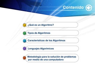 Contenido



¿Qué es un Algoritmo?


Tipos de Algoritmos


Caracteristicas de los Algoritmos


Lenguajes Algorimicos


Metodología para la solución de problemas
por medio de una computadora
 