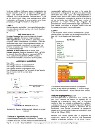 fondo del problema (utilizando alguna metodología), se                    representado gráficamente se pasa a la etapa de
puede proceder a elaborar el algoritmo (diagrama de                       traducción a un lenguaje de programación determinado
flujo). Este consiste en la representación gráfica,                       (en nuestro caso será Logo). Cada lenguaje posee sus
mediante símbolos geométricos, de la secuencia lógica                     propias reglas gramaticales, por lo tanto es fundamental
de las instrucciones (plan) que posteriormente serán                      que los estudiantes conozcan de antemano la sintaxis
traducidas a un lenguaje de programación, como Logo,                      de los comandos que deben utilizar para resolver el
para ejecutarlas y probarlas en un computador.                            problema. A mayor dominio del lenguaje de
                                                                          programación, mayor posibilidad de llegar rápidamente a
EJEMPLO                                                                   una solución satisfactoria. A esta fase de traducción se
Diseñar un algoritmo (seudocódigo y diagrama de flujo) para hallar el     le conoce comúnmente como codificación.
área de un triángulo rectángulo cuya Base mide 3 cm, la Altura 4 cm
y la Hipotenusa 5 cm.                                                     EJEMPLO
R/                                                                        A partir del ejemplo anterior, escribir un procedimiento en Logo que
                       ANÁLISIS DEL PROBLEMA                              se llame triángulo para hallar el área de un triángulo rectángulo cuya
Formular el problema: Ya se encuentra claramente planteado.               Base mide 3 cm, la Altura 4 cm y la Hipotenusa 5 cm.
Resultados esperados: El área de un triángulo rectángulo.                 R/
Datos disponibles: Base, Altura, Hipotenusa, tipo de triángulo. La                                       MicroMundos
incógnita es el área y todos los valores son constantes. El valor de la             para triángulo
hipotenusa se puede omitir. El estudiante debe preguntarse si sus                      local "div
conocimientos actuales de matemáticas le permiten resolver este                        local "base
problema; de no ser así, debe plantear una estrategia para obtener                     local "altura
los conocimientos requeridos.                                                          local "área
Determinar las restricciones: Utilizar las medidas dadas.                              da "div 2
Procesos necesarios: Guardar en dos variables (BASE y ALTURA)                          da "base 3
los valores de Base y Altura; Guardar en una constante (DIV) el                        da "altura 4
divisor 2; aplicar la fórmula BASE*ALTURA/DIV y guardar el                             da "área :base * :altura / :div
resultado en la variable AREA; comunicar el resultado (AREA).                          muestra :área
                                                                                    fin
                 ALGORITMO EN SEUDOCÓDIGO
Paso 1: Inicio                                                                                           Scratch
Paso 2: Asignar el número 2 a la constante "div"
Paso 3: Asignar el número 3 a la constante “base”
Paso 4: Asignar el número 4 a la constante “altura”
Paso 5: Guardar en la variable "área" el resultado de base*altura/div
Paso 6: Imprimir el valor de la variable "área"
Paso 7: Final




                                                                          Al escribir en el centro de mando de MicroMundos la palabra
                                                                          triángulo se debe obtener como resultado 6. En el caso de Scratch,
                                                                          hacer clic en la bandera verde y se debe obtener el mismo resultado.


                                                                          Depurar el programa (revisar)
                                                                          Este tema se tratará en profundidad en la Unidad 4 de
                                                                          esta guía. Después de traducir el algoritmo en un
                                                                          lenguaje de programación como Logo, el programa
                                                                          resultante debe ser probado y validados los resultados.
              ALGORITMO EN DIAGRAMA DE FLUJO                              A este proceso se le conoce como depuración. Depurar
                                                                          programas contribuye a mejorar la capacidad en los
Ilustración 1-8: Diagrama de Flujo para hallar el área de un triángulo    estudiantes para resolver problemas; la depuración
                            rectángulo.                                   basada en la retroalimentación es una habilidad útil para
                                                                          toda la vida (Stager, 2003).

                                                                          Quienes han escrito alguna vez un programa de
Traducir el algoritmo (ejecutar el plan)                                  computador, saben de la dificultad que representa
Este tema se tratará en profundidad en las Unidades 3 y                   elaborar programas perfectos en el primer intento,
4 de esta guía. Una vez que el algoritmo está diseñado y
Pág.15 - 9-nov-09 - Segunda Edición - Descargue gratuitamente esta Guía: http://www.eduteka.org/GuiaAlgoritmos.php
 
