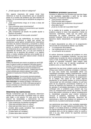 • ¿Puedo agrupar los datos en categorías? 
Otro aspecto importante del estado inicial hace 
referencia al nivel de conocimiento que el estudiante 
posee en el ámbito del problema que está tratando de 
resolver. Es conveniente que el estudiante se pregunte a 
sí mismo: 
• ¿Qué conocimientos tengo en el área o áreas del 
problema? 
• ¿Son suficientes esos conocimientos? 
• ¿Dónde puedo obtener el conocimiento que necesito 
para resolver el problema? 
• ¿Mis compañeros de estudio me pueden ayudar a 
clarificar mis dudas? 
• ¿Qué expertos en el tema puedo consultar? 
En el ámbito de las matemáticas, se conoce como 
conocimiento condicional a aquel que activan los 
estudiantes cuando aplican procedimientos matemáticos 
concretos de manera intencional y consciente a ciertas 
situaciones. “El conocimiento condicional proporciona al 
alumno un sistema de valoración sobre la extensión y 
las limitaciones de su saber (qué sabe sobre el tema, su 
capacidad de memoria, etc), a la vez que examina la 
naturaleza de la demanda del profesor y su objetivo 
último, y evalúa variables externas como pueden ser el 
tiempo que tiene o con quién realiza la tarea” (Orubia & 
Rochera & Barberà, 2001). 
EJEMPLO 
Esteban está ahorrando para comprar una patineta que vale 55.000 
pesos. Su papá le ha dado una mesada de 5.000 pesos durante 7 
semanas. Por lavar el auto de su tío tres veces recibió 8.000 pesos. 
Su hermano ganó 10.000 pesos por hacer los mandados de su 
mamá y 4.000 por sacar a pasear el perro. ¿Esteban tiene ahorrado 
el dinero suficiente para comprar la patineta o aún le falta? 
(Adaptado de Casasbuenas & Cifuentes (1998b), página 23). 
R/. 
Formular el problema: Ya se encuentra claramente planteado. 
Resultados esperados: Si o no tiene Esteban ahorrado el dinero 
suficiente para comprar una patineta que vale 55.000 pesos. 
Datos disponibles: Los ingresos de Esteban: 5.000 pesos por 7 
semanas + 8.000 pesos. Los 10.000 y 4.000 pesos qué ganó el 
hermano de Esteban son irrelevantes para la solución de este 
problema y se pueden omitir. 
Determinar las restricciones 
Resulta fundamental que los estudiantes determinen 
aquello que está permitido o prohibido hacer y/o utilizar 
para llegar a una solución. En este punto se deben 
exponer las necesidades y restricciones (no una 
propuesta de solución). El estudiante debe preguntarse: 
• ¿Qué condiciones me plantea el problema? 
• ¿Qué está prohibido hacer y/o utilizar? 
• ¿Qué está permitido hacer y/o utilizar? 
• ¿Cuáles datos puedo considerar fijos (constantes) 
para simplificar el problema? 
• ¿Cuáles datos son variables? 
• ¿Cuáles datos debo calcular? 
Establecer procesos (operaciones) 
Consiste en determinar los procesos que permiten llegar 
a los resultados esperados a partir de los datos 
disponibles. El estudiante debe preguntarse: 
• ¿Qué procesos necesito? 
• ¿Qué fórmulas debo emplear? 
• ¿Cómo afectan las condiciones a los procesos? 
• ¿Qué debo hacer? 
• ¿Cuál es el orden de lo que debo hacer? 
En la medida de lo posible, es aconsejable dividir el 
problema original en otros más pequeños y fáciles de 
solucionar (submetas), hasta que los pasos para 
alcanzarlas se puedan determinar con bastante 
precisión (módulos). Esto es lo que en programación se 
denomina diseño descendente o top-down (Joyanes, 
2001). 
El diseño descendente se utiliza en la programación 
estructurada de computadores debido a que facilita: 
• La comprensión del problema 
• Las modificaciones en los módulos 
• La verificación de la solución 
Al realizar divisiones sucesivas del problema en otros 
más pequeños y manejables (módulos), hay que tener 
cuidado para no perder de vista la comprensión de este 
como un todo. El estudiante, luego de dividir el problema 
original en submetas (módulos), debe integrar cada 
parte de tal forma que le permita comprender el 
problema como un todo (Woolfolk, 1999). 
Igualmente hay que tener cuidado cuando se utiliza este 
enfoque para resolver problemas complejos o extensos, 
en cuyo caso resulta más aconsejable utilizar una 
metodología orientada a objetos. Especialmente, cuando 
profesores universitarios manifiestan su preocupación 
por el aprendizaje de malas prácticas de programación 
en el colegio. Hay casos en los cuales algunos 
estudiantes no han podido cambiar su forma de pensar 
“estructurada” por otra orientada a objetos, la cual hace 
parte de los programas universitarios modernos en la 
carrera de Ingeniería de Sistemas. Es aconsejable que 
los ejemplos y actividades planteados a los estudiantes 
contengan solo un problema cuya solución sea muy 
corta (no necesariamente sencillo de resolver). De esta 
forma ellos podrán enfocarse en aplicar completamente 
la metodología propuesta para analizar problemas 
(formular el problema, especificar los resultados, 
identificar la información disponible, determinar las 
restricciones y definir los procesos) sin perderse en el 
laberinto de un problema demasiado complejo. 
Las operaciones para llegar a los resultados esperados 
se implementan en Logo mediante procedimientos. Por 
ejemplo, si se desea producir un software para trabajar 
con figuras geométricas de diferentes tipos, el triángulo 
rectángulo será uno de los objetos a tener en cuenta y 
este a su vez, debe prestar los siguientes servicios 
(Jiménez, 2002): 
Pág.13 - 9-nov-09 - Segunda Edición - Descargue gratuitamente esta Guía: http://www.eduteka.org/GuiaAlgoritmos.php 
 