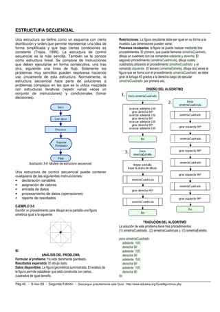 ESTRUCTURA SECUENCIAL 
Una estructura se define como un esquema con cierta 
distribución y orden que permite representar una idea de 
forma simplificada y que bajo ciertas condiciones es 
constante (Trejos, 1999). La estructura de control 
secuencial es la más sencilla. También se la conoce 
como estructura lineal. Se compone de instrucciones 
que deben ejecutarse en forma consecutiva, una tras 
otra, siguiendo una línea de flujo. Solamente los 
problemas muy sencillos pueden resolverse haciendo 
uso únicamente de esta estructura. Normalmente, la 
estructura secuencial hace parte de soluciones a 
problemas complejos en las que se la utiliza mezclada 
con estructuras iterativas (repetir varias veces un 
conjunto de instrucciones) y condicionales (tomar 
decisiones). 
Ilustración 3-6: Modelo de estructura secuencial. 
Una estructura de control secuencial puede contener 
cualquiera de las siguientes instrucciones: 
• declaración variables 
• asignación de valores 
• entrada de datos 
• procesamiento de datos (operaciones) 
• reporte de resultados 
EJEMPLO 3-5 
Escribir un procedimiento para dibujar en la pantalla una figura 
simétrica igual a la siguiente: 
R/. 
ANÁLISIS DEL PROBLEMA 
Formular el problema: Ya está claramente planteado. 
Resultados esperados: El dibujo dado. 
Datos disponibles: La figura geométrica suministrada. El análisis de 
la figura permite establecer que está construida con varios 
cuadrados de igual tamaño. 
Restricciones: La figura resultante debe ser igual en su forma a la 
muestra. Las dimensiones pueden variar. 
Procesos necesarios: la figura se puede realizar mediante tres 
procedimientos. El primero, que puede llamarse simetríaCuadrado, 
dibuja un cuadrado con los comandos adelante y derecha. El 
segundo procedimiento (simetríaCuadricula), dibuja cuatro 
cuadrados utilizando el procedimiento simetríaCuadrado y el 
comando izquierda. El tercero (simetríaEstrella), dibuja dos veces la 
figura que se forma con el procedimiento simetríaCuadrado; se debe 
girar la tortuga 45 grados a la derecha luego de ejecutar 
simetríaCuadrado por primera vez. 
DISEÑO DEL ALGORITMO 
TRADUCIÓN DEL ALGORITMO 
La solución de este problema tiene tres procedimientos: 
(1) simetríaCuadrado, (2) simetríaCuadricula y (3) simetríaEstrella. 
para simetríaCuadrado 
adelante 100 
derecha 90 
adelante 100 
derecha 90 
adelante 100 
derecha 90 
adelante 100 
derecha 90 
fin 
Pág.46 - 9-nov-09 - Segunda Edición - Descargue gratuitamente esta Guía: http://www.eduteka.org/GuiaAlgoritmos.php 
 