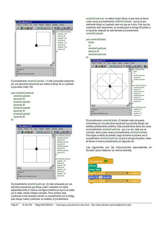 El procedimiento simetríaCuadrado (1) está compuesto solamente 
por una estructura secuencial que realiza el dibujo de un cuadrado 
cuyos lados miden 100. 
para simetríaCuadricula 
simetríaCuadrado 
izquierda 90 
simetríaCuadrado 
izquierda 90 
simetríaCuadrado 
izquierda 90 
simetríaCuadrado 
izquierda 90 
fin 
El procedimiento simetríaCuadricula (2) está compuesto por una 
estructura secuencial que dibuja cuatro cuadrados con lados 
adyacentes entre sí. Esta es una figura simétrica ya que si se dobla 
por la mitad, ambas mitades coinciden. Para construir esta 
cuadricula no fue necesario escribir un procedimiento con el código 
para dibujar cuadro cuadrados; en realidad, el procedimiento 
simetríaCuadricula no realiza ningún dibujo, lo que hace es llamar 
cuatro veces el procedimiento simetríaCuadrado que es el que 
realmente dibuja un cuadrado cada vez que se invoca. Para que los 
cuadrados sean adyacentes, se necesita girar la tortuga 90 grados a 
la izquierda después de cada llamada al procedimiento 
simetríaCuadrado. 
para simetríaEstrella 
limpia 
cp 
simetríaCuadricula 
derecha 45 
simetríaCuadricula 
fin 
El procedimiento simetríaEstrella (3) también está compuesto 
únicamente por una estructura secuencial que permite dibujar una 
estrella perfectamente simétrica. Este procedimiento llama dos veces 
al procedimiento simetríaCuadricula que a su vez, cada que es 
invocado, llama cuatro veces al procedimiento simetríaCuadrado. 
Para lograr el efecto de estrella, luego de llamar la primera vez al 
procedimiento simetríaCuadricula, se gira la tortuga 45 grados, antes 
de llamar el mismo procedimiento por segunda vez. 
Las siguientes son las instrucciones equivalentes en 
Scratch para elaborar la misma estrella: 
Pág.47 - 9-nov-09 - Segunda Edición - Descargue gratuitamente esta Guía: http://www.eduteka.org/GuiaAlgoritmos.php 
 