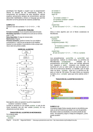 psicólogos han llegado a sugerir que la programación 
alienta el estudio de las matemáticas, facilita la 
comprensión de conceptos de esta disciplina, admite 
explorar activamente campos de conocimiento, permite 
desarrollar habilidades y ofrece un lenguaje que permite 
describir la forma personal de resolver problemas. 
EJEMPLO 3-9 
Calcular el valor de la sumatoria: 1 + 2 + 3 + 4 +5 + … + 100. 
R/. 
ANÁLISIS DEL PROBLEMA 
Formular el problema: Ya se encuentra claramente formulado. 
Resultados esperados: El resultado de la suma de los números 
entre 1 y 100. 
Datos disponibles: El rango de números dado. 
Restricciones: Ninguna. 
Procesos necesarios: guardar el número 0 en una variable e 
incrementarla en 1 cada vez que se ejecute el ciclo repetitivo. 
Guardar 0 en otra variable e ir acumulando en ella su propio valor 
más el valor de la primera variable. 
DISEÑO DEL ALGORITMO 
Este algoritmo utiliza una operación muy útil en programación: 
sumatoria = sumatoria + contador 
Consiste en almacenar en una variable sumatoria el valor de ella 
misma (sumatoria) más otro valor variable (contador). Es muy 
utilizada para acumular valores. 
TRADUCCIÓN DEL ALGORITMO EN MICROMUNDOS 
Con el Mando repite: 
para suma100a 
bnombres 
da "contador 0 
da "sumatoria 0 
repite 100 
[ 
da "contador :contador + 1 
da "sumatoria :sumatoria + :contador 
muestra nombres 
] 
muestra frase 
[El valor de la suma 1 + 2 + 3 + . . . + 100 es ] :sumatoria 
fin 
Ahora el mismo algoritmo pero con el Mando cumpleveces de 
MicroMundos: 
para suma100b 
bnombres 
da "sumatoria 0 
cumpleveces [contador 100 ] 
[ 
da "sumatoria :sumatoria + :contador + 1 
muestra nombres 
] 
muestra frase 
[El valor de la suma 1 + 2 + 3 + . . . + 100 es ] :sumatoria 
fin 
Los procedimientos suma100a y suma100b son 
equivalentes, realizan la misma tarea. La primitiva de 
MicroMundos cumpleveces utilizada en el 
procedimiento suma100b tiene una ventaja adicional 
con respecto a repite : incorpora una variable que 
aumenta en uno su valor cada vez que se ejecuta un 
ciclo de la estructura iterativa. La variable, que en este 
caso se llama contador inicia en 0 y termina en 99, 
para un total de 100 ciclos. Por este motivo se necesita 
sumarle uno a contador para que tome valores entre 1 
y 100. 
TRADUCCIÓN DEL ALGORITMO EN SCRATCH 
EJEMPLO 3-10 
La profesora Ángela Cristina necesita calcular la nota definitiva para 
cada uno de los 22 alumnos que asisten a su curso de geometría. 
Ella realizó a todos sus estudiantes, en el primer periodo del año 
lectivo, dos exámenes y asignó un trabajo de investigación. ¿Cómo 
puedes ayudarle? 
R/. 
Pág.53 - 9-nov-09 - Segunda Edición - Descargue gratuitamente esta Guía: http://www.eduteka.org/GuiaAlgoritmos.php 
 