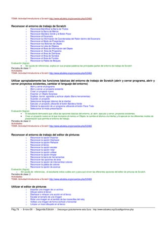 TEMA: Actividad Introductoria a Scratch http://www.eduteka.org/proyectos.php/5/2483 
Reconocer el entorno de trabajo de Scratch 
o Reconocer/Identificar la Barra de Títulos 
o Reconocer la Barra de Menús 
o Reconocer Bandera Verde y el Botón Parar 
o Reconocer el Escenario 
o Reconocer la información de Coordenadas del Ratón dentro del Escenario 
o Reconocer el Modo de Presentación 
o Reconocer los Botones de Objeto 
o Reconocer la Lista de Objetos 
o Reconocer el Área de Información del Objeto 
o Reconocer el Área de Programa 
o Reconocer el Área de Disfraces 
o Reconocer el Área de Sonidos 
o Reconocer el Área de Fondos 
o Reconocer la Paleta de Bloques 
Evaluación (logros) 
• Sin ayuda de referencias, explica en sus propias palabras las principales partes del entorno de trabajo de Scratch 
Períodos de clase: 1 
Actividades: 
TEMA: Actividad Introductoria a Scratch http://www.eduteka.org/proyectos.php/5/2483 
Utilizar apropiadamente las funciones básicas del entorno de trabajo de Scratch (abrir y cerrar programa, abrir y 
cerrar proyectos existentes, cambiar el lenguaje del entorno) 
o Abrir y cerrar el programa 
o Abrir y cerrar un proyecto existente 
o Crear un proyecto nuevo 
o Importar un Objeto Sorpresa 
o Duplicar, borrar, agrandar y achicar objeto (Barra herramientas) 
o Guardar un proyecto 
o Seleccionar lenguaje (idioma) de la interfaz 
o Ejecutar un proyecto utilizando el botón Bandera Verde 
o Detener la ejecución de un programa utilizando el botón Parar Todo 
o Seleccionar el modo presentación 
Evaluación (logros) 
• El estudiante demuestra que utiliza las opciones básicas del entorno, al: abrir, ejecutar y cerrar, proyectos existentes; 
• Crea un proyecto nuevo en el que incorpore al menos un Objeto, le cambie el idioma a la interfaz y lo ejecute en los diferentes modos de 
presentación que permite el entorno de trabajo. 
Períodos de clase: 2 
Actividades: 
TEMA: Actividad Introductoria a Scratch http://www.eduteka.org/proyectos.php/5/2483 
Reconocer el entorno de trabajo del editor de pinturas 
o Reconocer la opción Importar 
o Reconocer la opción Deshacer 
o Reconocer la opción Rehacer 
o Reconocer el lienzo 
o Reconocer la opción escalar 
o Reconocer la opción rotar 
o Reconocer la opción voltear 
o Reconocer la opción limpiar 
o Reconocer la barra de herramientas 
o Reconocer las opciones de área 
o Reconocer la opción de intercambiar colores 
o Reconocer la paleta de colores 
o Reconocer la opción de acercar 
Evaluación (logros) 
o Sin ayuda de referencias, el estudiante indica cuáles son y para qué sirven las diferentes opciones del editor de pinturas de Scratch. 
Períodos de clase: 2 
Actividades: 
TEMA: Actividad Introductoria a Scratch http://www.eduteka.org/proyectos.php/5/2483 
Utilizar el editor de pinturas 
o Importar una imagen de un archivo 
o Dibujar sobre el lienzo 
o Deshacer o rehacer una acción en el lienzo 
o Escalar el tamaño de una imagen 
o Rotar una imagen en el sentido de las manecillas del reloj 
o Voltear una imagen de forma vertical o horizontal 
o Limpiar un trazo dibujado en el lienzo 
Pág.79 - 9-nov-09 - Segunda Edición - Descargue gratuitamente esta Guía: http://www.eduteka.org/GuiaAlgoritmos.php 
 