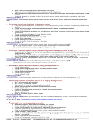 Utilizar frases o proposiciones en español para representar instrucciones 
 Organizar en secuencia lógica las instrucciones que solucionan problemas planteados 
 Refinar los algoritmos representados en pseudocódigo (escribir una primera versión y luego descomponerla en subproblemas, si fuera 
necesario) 
 Comprender la importancia de detallar al máximo las instrucción para que estas se puedan traducir a un lenguaje de programación 
PERÍODOS DE CLASE: 3 
INDICADORES DE LOGRO: Dado un problema de la vida cotidiana (como hacer un jugo de fruta), construye un algoritmo en pseudocódigo para solucionarlo. 
[A, F] 
» Comprender qué son identificadores, variables y constantes. 
 Comprender que los identificadores son nombres que se dan a los elementos (variables, constantes, procedimientos) utilizados en los 
algoritmos 
 Conocer un conjunto de reglas (convenciones) para asignar nombres a variables, constantes y procedimientos 
 Conocer qué es una variable 
 Entender cómo ayuda el uso de variables en la formulación de un algoritmo y en su utilización con diferentes conjuntos de datos iniciales 
(generalización) 
 Conocer los tipos de variables y sus diferencias (globales y locales) 
 Conocer cómo asignar un valor a una variable 
 Conocer cómo utilizar el valor almacenado en una variable 
 Conocer qué es una constante 
 Conocer cómo asignar un valor a una constante 
 Conocer cómo utilizar el valor almacenado en una constante 
PERÍODOS DE CLASE: 6 
INDICADORES DE LOGRO: Dado un problema de la vida cotidiana, lista las variables y constantes presentes en este. [A, F] 
Dada una lista de variables y constantes, les asigna nombres que pueda entender el lenguaje de programación. [A, F] 
Dada una lista de variables y constantes, indica cómo asignarles valores a estos. [A, F] 
» Conocer los símbolos que se utilizan para representar algoritmos mediante diagramas de flujo. 
 Comprender que los diagramas de flujo han sido una de las técnicas más utilizadas para representar gráficamente la secuencia de 
instrucciones de un algoritmo 
 Identificar y recordar el significado de los principales símbolos estandarizados para elaborar diagramas de flujo (inicio, final, líneas de 
flujo, entrada por teclado, llamada a subrutina, saluda impresa, salida en pantalla, conector, decisión, iteración, etc) 
 Conocer las principales reglas para elaborar diagramas de flujo (encabezado, dirección de flujo, iniciación de variables y constantes, etc) 
PERÍODOS DE CLASE: 2 
INDICADORES DE LOGRO: Dada una serie de símbolos para representar algoritmos, escribe al frente su significado. [A, F] 
Dado un algoritmo sencillo, explica la función que realiza en cada uno de los pasos. [A, F] 
» Reconocer el entorno de trabajo que ofrece un lenguaje de programación. 
 Entender la barra de título 
 Entender la barra de menús (Archivo, Edición, Ver, Insertar, Formato, Ventana) 
 Entender las barras de herramientas 
 Entender la barra de desplazamiento 
 Entender la barra de estado 
 Entender el área de trabajo 
PERÍODOS DE CLASE: 1 
INDICADORES DE LOGRO: En sus propias palabras, describe brevemente, el entorno de trabajo que ofrece el entorno de programación. [A, F] 
» Utilizar apropiadamente las funciones básicas de un lenguaje de programación. 
 Abrir y cerrar el ambiente de programación 
 Abrir y cerrar un procedimiento existente 
 Crear instrucciones nuevas dentro de un procedimiento existente 
 Guardar un procedimiento en una unidad de almacenamiento local o remota 
 Crear un proyecto nuevo 
 Escribir, con la sintaxis correcta, instrucciones en el lenguaje de programación utilizado 
 Compilar un procedimiento 
 Ejecutar un procedimiento 
 Utilizar las funciones de ayuda que ofrece el software 
PERÍODOS DE CLASE: 3 
INDICADORES DE LOGRO: Crea un nuevo procedimiento, lo graba en un lugar establecido por el profesor, lo cierra; si es necesario, lo abre nuevamente para 
modificarlo. [A, F] 
ACTIVIDADES: Tema: Caricaturas http://eduteka.org/actividades/actividades.php?idH=501 
» Traducir algoritmos a un lenguaje de programación. 
 Identificar procedimientos que se utilicen frecuentemente en la vida diaria 
 Conocer qué significa un procedimiento en un programa de computador 
 Conocer la forma de elaborar un procedimiento con el lenguaje de programación seleccionado 
 Comprender la estructura de un procedimiento (línea de título, instrucciones y final) 
 Utilizar las reglas establecidas (convenciones) para nombrar procedimientos (identificadores) 
 Conocer qué significa “palabra reservada” 
 Conocer las principales primitivas (comandos) que ofrece el lenguaje de programación utilizado y tenerlas en cuenta para traducir los 
algoritmos a dicho lenguaje 
 Conocer la sintaxis de las principales primitivas 
 Conocer la forma de ejecutar un procedimiento en forma directa 
Pág.85 - 9-nov-09 - Segunda Edición - Descargue gratuitamente esta Guía: http://www.eduteka.org/GuiaAlgoritmos.php 
 