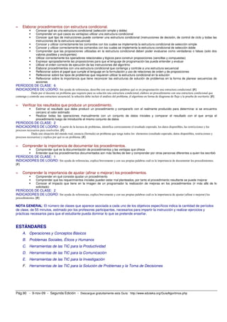 » Elaborar procedimientos con estructura condicional. 
 Conocer qué es una estructura condicional (selección simple y doble) 
 Comprender en qué casos es ventajoso utilizar una estructura condicional 
 Conocer qué tipo de instrucciones puede contener una estructura condicional (instrucciones de decisión, de control de ciclo y todas las 
instrucciones de la estructura secuencial) 
 Conocer y utilizar correctamente los comandos con los cuales se implementa la estructura condicional de selección simple 
 Conocer y utilizar correctamente los comandos con los cuales se implementa la estructura condicional de selección doble 
 Comprender que las proposiciones utilizadas en la estructura condicional deben poder evaluarse como verdaderas o falsas (solo dos 
valores posibles y excluyentes) 
 Utilizar correctamente los operadores relacionales y lógicos para construir proposiciones (sencillas y compuestas) 
 Expresar apropiadamente las proposiciones para que el lenguaje de programación las pueda entender y evaluar 
 Utilizar el orden correcto de ejecución de las instrucciones del algoritmo 
 Elaborar procedimientos con una estructura condicional que contenga y controle a una estructura secuencial 
 Reflexionar sobre el papel que cumple el lenguaje en la formulación y uso de relaciones de orden y de proposiciones 
 Reflexionar sobre los tipos de problemas que requieren utilizar la estructura condicional en la solución 
 Reflexionar sobre la importancia que tiene reconocer las estructuras de solución de problemas en la forma de planear secuencias de 
acciones 
PERÍODOS DE CLASE: 6 
INDICADORES DE LOGRO: Sin ayuda de referencias, describe con sus propias palabras qué es en programación una estructura condicional. [F] 
Dado por el docente un problema que requiera para su solución una estructura condicional, elabora un procedimiento con una estructura condicional que 
contenga y controle una estructura secuencial; la solución debe incluir el análisis del problema, el algoritmo en forma de diagrama de flujo y la prueba de escritorio. [F] 
» Verificar los resultados que produce un procedimiento. 
 Estimar el resultado que debe producir un procedimiento y compararlo con el realmente producido para determinar si se encuentra 
cercano al valor estimado 
 Realizar todas las operaciones manualmente con un conjunto de datos iniciales y comparar el resultado con el que arroja el 
procedimiento luego de introducirle el mismo conjunto de datos 
PERÍODOS DE CLASE: 2 
INDICADORES DE LOGRO: A partir de la lectura de problemas, identifica correctamente el resultado esperado, los datos disponibles, las restricciones y los 
procesos necesarios para resolverlos. [F] 
Dada una situación del mundo real, enuncia (formula) un problema que tenga todos los elementos (resultado esperado, datos disponibles, restricciones y 
procesos necesarios) y explica por qué es un problema. [F] 
» Comprender la importancia de documentar los procedimientos. 
 Comprender qué es la documentación de procedimientos y las ventajas que ofrece 
 Entender que los procedimientos documentados son más fáciles de leer y comprender por otras personas diferentes a quien los escribió 
PERÍODOS DE CLASE: 1 
INDICADORES DE LOGRO: Sin ayuda de referencias, explica brevemente y con sus propias palabras cuál es la importancia de documentar los procedimientos. 
[F] 
» Comprender la importancia de ajustar (afinar o mejorar) los procedimientos. 
 Comprender en qué consiste ajustar un procedimiento 
 Comprender que los requerimientos iniciales pueden estar mal planteados, por tanto el procedimiento resultante se puede mejorar 
 Conocer el impacto que tiene en la imagen de un programador la realización de mejoras en los procedimientos (ir más allá de lo 
solicitado) 
PERÍODOS DE CLASE: 2 
INDICADORES DE LOGRO: Sin ayuda de referencias, explica brevemente y con sus propias palabras cuál es la importancia de ajustar (afinar o mejorar) los 
procedimientos. [F] 
NOTA GENERAL: El número de clases que aparece asociada a cada uno de los objetivos específicos indica la cantidad de períodos 
de clase, de 55 minutos, estimado por los profesores participantes, necesarios para impartir la instrucción y realizar ejercicios y 
prácticas necesarios para que el estudiante pueda dominar lo que se pretende enseñar. 
ESTÁNDARES 
A. Operaciones y Conceptos Básicos 
B. Problemas Sociales, Éticos y Humanos 
C. Herramientas de las TIC para la Productividad 
D. Herramientas de las TIC para la Comunicación 
E. Herramientas de las TIC para la Investigación 
F. Herramientas de las TIC para la Solución de Problemas y la Toma de Decisiones 
Pág.90 - 9-nov-09 - Segunda Edición - Descargue gratuitamente esta Guía: http://www.eduteka.org/GuiaAlgoritmos.php 
 