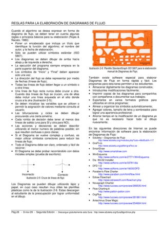 Pág.28 - 9-nov-09 - Segunda Edición - Descargue gratuitamente esta Guía: http://www.eduteka.org/GuiaAlgoritmos.php
REGLAS PARA LA ELABORACIÓN DE DIAGRAMAS DE FLUJO
Cuando el algoritmo se desea expresar en forma de
diagrama de flujo, se deben tener en cuenta algunas
reglas o principios básicos para su elaboración (Rojas &
Ñacato, 1980):
• Poner un encabezado que incluya un título que
identifique la función del algoritmo; el nombre del
autor; y la fecha de elaboración;
• Sólo se pueden utilizar símbolos estándar (ISO
5807);
• Los diagramas se deben dibujar de arriba hacía
abajo y de izquierda a derecha;
• La ejecución del programa siempre empieza en la
parte superior del diagrama;
• Los símbolos de “Inicio” y “Final” deben aparecer
solo una vez;
• La dirección del flujo se debe representar por medio
de flechas (líneas de flujo);
• Todas las líneas de flujo deben llegar a un símbolo o
a otra línea;
• Una línea de flujo recta nunca debe cruzar a otra.
Cuando dos líneas de flujo se crucen, una de ellas
debe incluir una línea arqueada en el sitio donde
cruza a la otra (ilustración 2-5);
• Se deben inicializar las variables que se utilicen o
permitir la asignación de valores mediante consulta al
usuario;
• Las bifurcaciones y ciclos se deben dibujar
procurando una cierta simetría;
• Cada rombo de decisión debe tener al menos dos
líneas de salida (una para SI y otra para NO);
• Las acciones y decisiones se deben describir
utilizando el menor numero de palabras posible; sin
que resulten confusas o poco claras;
• Si el Diagrama se vuelve complejo y confuso, es
mejor utilizar símbolos conectores para reducir las
líneas de flujo;
• Todo el Diagrama debe ser claro, ordenado y fácil de
recorrer;
• El Diagrama se debe probar recorriéndolo con datos
iniciales simples (prueba de escritorio).
Incorrecto Correcto
Ilustración 2-5: Cruce de líneas de flujo
Los Diagramas se pueden dibujar utilizando lápiz y
papel, en cuyo caso resultan muy útiles las plantillas
plásticas como la de la ilustración 2-6. Estas descargan
al estudiante de la preocupación por lograr uniformidad
en el dibujo.
Ilustración 2-6: Plantilla StandardGraph ISO 5807 para la elaboración
manual de Diagramas de Flujo.
También existe software especial para elaborar
Diagramas de Flujo en forma rápida y fácil. Los
programas para esta tarea permiten a los estudiantes:
• Almacenar digitalmente los diagramas construidos;
• Introducirles modificaciones fácilmente;
• Imprimir copias de los diagramas para compartirlos
con compañeros o documentar sus trabajos;
• Exportarlos en varios formatos gráficos para
utilizarlos en otros programas;
• Alinear y organizar los símbolos automáticamente;
• Agregar colores, tamaño de letra y sombreados para
lograr una apariencia profesional;
• Ahorrar tiempo en la modificación de un diagrama ya
que no es necesario hacer todo el dibujo
nuevamente;
En las siguientes direcciones de Internet se puede
encontrar información de software para la elaboración
de Diagramas de Flujo:
• Eduteka – Diagramas de Flujo
http://www.eduteka.org/modulos.php?catx=4&idSubX=117
• GraFI-co
http://www.eduteka.org/pdfdir/graFIco.rar
• SmartDraw
http://www.smartdraw.com
• WinEsquema
http://www.softonic.com/ie/27771/WinEsquema
• Dia Win32 Installer
http://www.softonic.com/ie/33781/dia
• DFD 1.0
http://www.softonic.com/ie/16035/DFD
• Paraben's Flow Charter
http://www.paraben.com/html/flow.html
• Edraw Flowchart
http://www.edrawsoft.com/flowchart.php
• Novagraph Chartist
http://www.tucows.com/preview/289535.html
• Flow Charting 6
http://www.patton-patton.com
• OrgPlus
http://www.tucows.com/preview/281861.html
• Antechinus Draw Magic
http://www.tucows.com/preview/254904.html
 