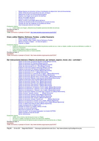 Pág.80 - 9-nov-09 - Segunda Edición - Descargue gratuitamente esta Guía: http://www.eduteka.org/GuiaAlgoritmos.php
o Dibujar figuras con la brocha, la línea, el rectángulo y la elipse de la barra de herramientas.
o Utilizar el bote de pintura para llenar de color una figura
o Seleccionar el color con la herramienta de gotero
o Duplicar una imagen con la opción de estampar
o Borrar una imagen del lienzo
o Insertar un texto en el lienzo
o Mover un texto o una imagen dentro del lienzo
o Cambiar los tamaños de las herramientas en la opción de área
o Cambiar de color las imágenes con la paleta de colores.
o Usar la lupa para acercar una imagen
Evaluación (logros)
o Crea o edita una imagen, utilizando las principales opciones del editor de pinturas
Períodos de clase: 2
Actividades:
TEMA: Animando un paisaje en Scratch http://www.eduteka.org/proyectos.php/5/2447
Crear y editar Objetos, Disfraces, Fondos; y editar Escenario
o Pintar un Objeto nuevo (botón)
o Pintar, Importar, Editar, Copiar y Borrar Disfraces y Fondos.
o Mostrar al frente un Objeto < en lista de objetos >
o Exportar un Objeto
Evaluación (logros)
o Explica la diferencia en la ruta de acceso al editor de pinturas cuando se va a: crear un objeto, a editar uno de sus disfraces o a editar un
fondo de un escenario.
o Crea nuevos objetos y edita sus disfraces.
o Realiza modificaciones sobre un fondo existente.
Períodos de clase: 2
Actividades:
TEMA: Animando un paisaje en Scratch http://www.eduteka.org/proyectos.php/5/2447
Dar instrucciones básicas a Objetos (al presionar, por siempre, esperar, mover, etc) – actividad 1
o Utilizar la instrucción al presionar Bandera Verde [Bloque Control]
o Utilizar la instrucción Por Siempre [Bloque Control]
o Utilizar la instrucción Esperar N segundos [Bloque Control]
o Utilizar las instrucciones Si y Si – Sino [Bloque Control]
o Explicar la instrucción Esperar Hasta Que [Bloque Control]
o Explicar la instrucción Por Siempre Si [Bloque Control]
o Utilizar la instrucción Mover N Pasos [Bloque Movimiento]
o Utilizar la instrucción Ir a X: Y: [Bloque Movimiento]
o Utilizar la instrucción Ir a <posición de un objeto> [Bloque Movimiento]
o Utilizar la instrucción Apuntar en dirección [Bloque Movimiento]
o Utilizar la instrucción Apuntar hacia <nombre objeto> [Bloque Movimiento]
o Utilizar la instrucción Rebotar si está tocando borde [Bloque Movimiento]
o Explicar la instrucción Girar N grados [Bloque Movimiento]
o Utilizar la instrucción Cambiar X por [Bloque Movimiento]
o Utilizar la instrucción Cambiar Y por [Bloque Movimiento]
o Utilizar la instrucción Fijar posición X [Bloque Movimiento]
o Utilizar la instrucción Fijar posición Y [Bloque Movimiento]
o Mostrar en el escenario la “posición X” de un objeto [Bloque Movimiento]
o Mostrar en el escenario la “posición Y” de un objeto [Bloque Movimiento]
o Mostrar en el escenario la “dirección” de un objeto [Bloque Movimiento]
o Utilizar la instrucción Deslizar en N segundos a posición X,Y [Bloque Movimiento]
o Utilizar el sensor “tocando <borde>” [Bloque Sensores]
o Utilizar la instrucción Cambiar efecto [Bloque Apariencia]
o Utilizar la instrucción Siguiente Disfraz [Bloque Apariencia]
o Utilizar la instrucción Fijar Tamaño a [Bloque Apariencia]
o Utilizar la instrucción Cambiar Tamaño por [Bloque Apariencia]
o Mostrar en el escenario el “tamaño” de un objeto [Bloque Apariencia]
o Mostrar en el escenario el “número de disfraz” de un objeto [Bloque Apariencia]
o Enviar un objeto hacia atrás N capas [Bloque Apariencia]
o Copiar el programa de un Objeto a otro
o Cambiar el nombre a un Objeto, Disfraz o Fondo
o Cambiar el nombre al Escenario
o Reconocer la posición de un Objeto
o Activar la opción “ver los pasos separados” en el botón EXTRAS
o Utilizar la ayuda en línea de Scratch
o Borrar instrucciones
Evaluación (logros)
o Utiliza, como mínimo, dos formas de mover un Objeto
o Al mover un objeto, incorpora al menos una instrucción repetitiva
o Incorpora instrucciones de Apariencia para enriquecer los movimientos de un Objeto.
Períodos de clase: 4
Actividades:
TEMA: Animando un paisaje en Scratch http://www.eduteka.org/proyectos.php/5/2447
 