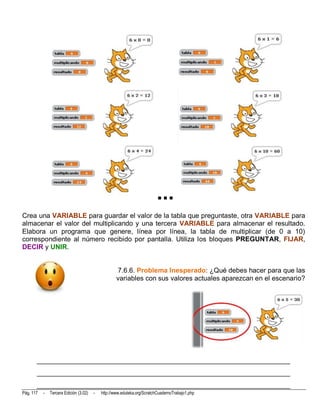 ...
Crea una VARIABLE para guardar el valor de la tabla que preguntaste, otra VARIABLE para
almacenar el valor del multiplicando y una tercera VARIABLE para almacenar el resultado.
Elabora un programa que genere, línea por línea, la tabla de multiplicar (de 0 a 10)
correspondiente al número recibido por pantalla. Utiliza los bloques PREGUNTAR, FIJAR,
DECIR y UNIR.


                                                    7.6.6. Problema Inesperado: ¿Qué debes hacer para que las
                                                    variables con sus valores actuales aparezcan en el escenario?




       __________________________________________________________________________
       __________________________________________________________________________
       __________________________________________________________________________
Pág. 117   -   Tercera Edición (3.02)   -   http://www.eduteka.org/ScratchCuadernoTrabajo1.php
 