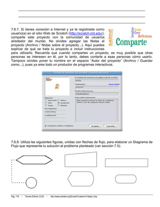 __________________________________________________________________________
       __________________________________________________________________________
       __________________________________________________________________________

7.6.7. Si tienes conexión a Internet y ya te registraste como
usuario(a) en el sitio Web de Scratch (http://scratch.mit.edu/),
comparte este proyecto con la comunidad de usuarios
alrededor del mundo. No olvides agregar las Notas al
proyecto (Archivo / Notas sobre el proyecto...). Aquí puedes
explicar de qué se trata tu proyecto e incluir instrucciones
para utilizarlo. Recuerda que cuando compartes un proyecto, es muy posible que otras
personas se interesen en él, por lo tanto, debes contarle a esas personas cómo usarlo.
Tampoco olvides poner tu nombre en el espacio “Autor del proyecto” (Archivo / Guardar
como...), pues ya eres todo un productor de programas interactivos.




7.6.8. Utiliza las siguientes figuras, unidas con flechas de flujo, para elaborar un Diagrama de
Flujo que represente tu solución al problema planteado (ver sección 7.5).




Pág. 118   -   Tercera Edición (3.02)   -   http://www.eduteka.org/ScratchCuadernoTrabajo1.php
 