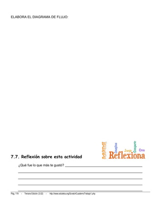 ELABORA EL DIAGRAMA DE FLUJO:




7.7. Reflexión sobre esta actividad
       ¿Qué fue lo que más te gustó? ______________________________________________
       __________________________________________________________________________
       __________________________________________________________________________
       __________________________________________________________________________
       __________________________________________________________________________
Pág. 119   -   Tercera Edición (3.02)   -   http://www.eduteka.org/ScratchCuadernoTrabajo1.php
 
