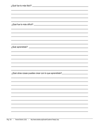 ¿Qué fue lo más fácil? ______________________________________________________
       __________________________________________________________________________
       __________________________________________________________________________
       __________________________________________________________________________
       __________________________________________________________________________
           ¿Qué fue lo más difícil? ____________________________________________________
       __________________________________________________________________________
       __________________________________________________________________________
       __________________________________________________________________________
       __________________________________________________________________________
       __________________________________________________________________________
       ¿Qué aprendiste? _________________________________________________________
       __________________________________________________________________________
       __________________________________________________________________________
       __________________________________________________________________________
       __________________________________________________________________________
       __________________________________________________________________________
       __________________________________________________________________________
           ¿Qué otras cosas puedes crear con lo que aprendiste?_________________________
       __________________________________________________________________________
       __________________________________________________________________________
       __________________________________________________________________________
       __________________________________________________________________________
       __________________________________________________________________________
       __________________________________________________________________________
       __________________________________________________________________________
       __________________________________________________________________________
       __________________________________________________________________________
       __________________________________________________________________________



Pág. 120    -   Tercera Edición (3.02)   -   http://www.eduteka.org/ScratchCuadernoTrabajo1.php
 