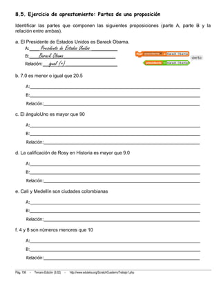 8.5. Ejercicio de aprestamiento: Partes de una proposición

Identificar las partes que componen las siguientes proposiciones (parte A, parte B y la
relación entre ambas).

a. El Presidente de Estados Unidos es Barack Obama.
       A:___   Presidente de Estados Unidos ________
       B:___Barack Obama________________
       Relación:__igual (=)________________

b. 7.0 es menor o igual que 20.5

       A:________________________________________________________________________
       B:________________________________________________________________________
           Relación:__________________________________________________________________

c. El ánguloUno es mayor que 90

       A:________________________________________________________________________
       B:________________________________________________________________________
           Relación:__________________________________________________________________

d. La calificación de Rosy en Historia es mayor que 9.0

       A:________________________________________________________________________
       B:________________________________________________________________________
           Relación:__________________________________________________________________

e. Cali y Medellín son ciudades colombianas

       A:________________________________________________________________________
       B:________________________________________________________________________
           Relación:__________________________________________________________________

f. 4 y 8 son números menores que 10

       A:________________________________________________________________________
       B:________________________________________________________________________
           Relación:__________________________________________________________________


Pág. 136    -   Tercera Edición (3.02)   -   http://www.eduteka.org/ScratchCuadernoTrabajo1.php
 