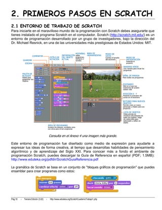 2. PRIMEROS PASOS EN SCRATCH
2.1 ENTORNO DE TRABAJO DE SCRATCH
Para iniciarte en el maravilloso mundo de la programación con Scratch debes asegurarte que
tienes instalado el programa Scratch en el computador. Scratch (http://scratch.mit.edu/) es un
entorno de programación desarrollado por un grupo de investigadores, bajo la dirección del
Dr. Michael Resnick, en una de las universidades más prestigiosas de Estados Unidos: MIT.




                                          Consulta en el Anexo 4 una imagen más grande.

Este entorno de programación fue diseñado como medio de expresión para ayudarte a
expresar tus ideas de forma creativa, al tiempo que desarrollas habilidades de pensamiento
algorítmico y de aprendizaje del Siglo XXI. Para conocer más a fondo el ambiente de
programación Scratch, puedes descargar la Guía de Referencia en español (PDF; 1.5MB):
http://www.eduteka.org/pdfdir/ScratchGuiaReferencia.pdf

La gramática de Scratch se basa en un conjunto de “bloques gráficos de programación” que puedes
ensamblar para crear programas como estos:




Pág.16   -   Tercera Edición (3.02)   -   http://www.eduteka.org/ScratchCuadernoTrabajo1.php
 