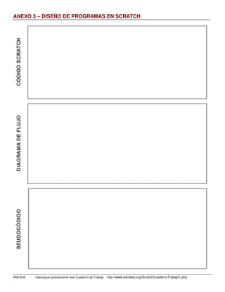 ANEXO 3 – DISEÑO DE PROGRAMAS EN SCRATCH




ANEXOS   -   Descargue gratuitamente este Cuaderno de Trabajo: http://www.eduteka.org/ScratchCuadernoTrabajo1.php
 