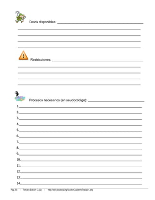 Datos disponibles: ____________________________________________________
          __________________________________________________________________________
          __________________________________________________________________________
          __________________________________________________________________________
          __________________________________________________________________________



                       Restricciones: _______________________________________________________
          __________________________________________________________________________
          __________________________________________________________________________
          __________________________________________________________________________
          __________________________________________________________________________




                      Procesos necesarios (en seudocódigo): __________________________________
      1.__________________________________________________________________________
      2.__________________________________________________________________________
      3.__________________________________________________________________________
      4.__________________________________________________________________________
      5.__________________________________________________________________________
      6.__________________________________________________________________________
      7.__________________________________________________________________________
      8.__________________________________________________________________________
      9.__________________________________________________________________________
      10._________________________________________________________________________
      11._________________________________________________________________________
      12._________________________________________________________________________
      13._________________________________________________________________________
      14._________________________________________________________________________

Pág. 50    -   Tercera Edición (3.02)   -   http://www.eduteka.org/ScratchCuadernoTrabajo1.php
 