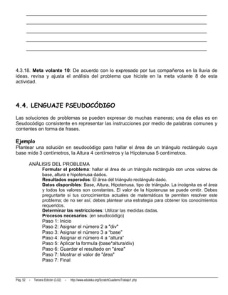 __________________________________________________________________________
          __________________________________________________________________________
          __________________________________________________________________________
          __________________________________________________________________________
          __________________________________________________________________________



4.3.18. Meta volante 10: De acuerdo con lo expresado por tus compañeros en la lluvia de
ideas, revisa y ajusta el análisis del problema que hiciste en la meta volante 8 de esta
actividad.




4.4. LENGUAJE PSEUDOCÓDIGO
Las soluciones de problemas se pueden expresar de muchas maneras; una de ellas es en
Seudocódigo consistente en representar las instrucciones por medio de palabras comunes y
corrientes en forma de frases.

Ejemplo
Plantear una solución en seudocódigo para hallar el área de un triángulo rectángulo cuya
base mide 3 centímetros, la Altura 4 centímetros y la Hipotenusa 5 centímetros.

           ANÁLISIS DEL PROBLEMA
                     Formular el problema: hallar el área de un triángulo rectángulo con unos valores de
                     base, altura e hipotenusa dados.
                     Resultados esperados: El área del triángulo rectángulo dado.
                     Datos disponibles: Base, Altura, Hipotenusa, tipo de triángulo. La incógnita es el área
                     y todos los valores son constantes. El valor de la hipotenusa se puede omitir. Debes
                     preguntarte si tus conocimientos actuales de matemáticas te permiten resolver este
                     problema; de no ser así, debes plantear una estrategia para obtener los conocimientos
                     requeridos.
                     Determinar las restricciones: Utilizar las medidas dadas.
                     Procesos necesarios: (en seudocódigo)
                     Paso 1: Inicio
                     Paso 2: Asignar el número 2 a "div"
                     Paso 3: Asignar el número 3 a “base”
                     Paso 4: Asignar el número 4 a “altura”
                     Paso 5: Aplicar la formula (base*altura/div)
                     Paso 6: Guardar el resultado en "área"
                     Paso 7: Mostrar el valor de "área"
                     Paso 7: Final



Pág. 52    -   Tercera Edición (3.02)   -   http://www.eduteka.org/ScratchCuadernoTrabajo1.php
 
