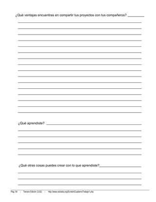 ¿Qué ventajas encuentras en compartir tus proyectos con tus compañeros? __________
          __________________________________________________________________________
          __________________________________________________________________________
          __________________________________________________________________________
          __________________________________________________________________________
          __________________________________________________________________________
          __________________________________________________________________________
          __________________________________________________________________________
          __________________________________________________________________________
          __________________________________________________________________________
          __________________________________________________________________________
          __________________________________________________________________________
          __________________________________________________________________________
          __________________________________________________________________________
          __________________________________________________________________________
          __________________________________________________________________________
          __________________________________________________________________________


          ¿Qué aprendiste? _________________________________________________________
          __________________________________________________________________________
          __________________________________________________________________________
          __________________________________________________________________________
          __________________________________________________________________________
          __________________________________________________________________________


          ¿Qué otras cosas puedes crear con lo que aprendiste?_________________________
          __________________________________________________________________________
          __________________________________________________________________________
          __________________________________________________________________________

Pág. 54    -   Tercera Edición (3.02)   -   http://www.eduteka.org/ScratchCuadernoTrabajo1.php
 