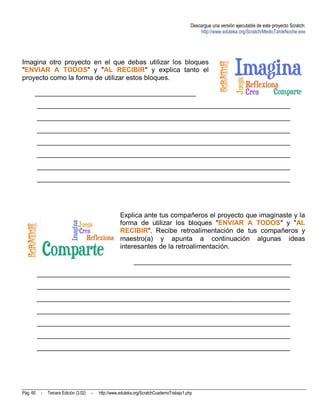 Descargue una versión ejecutable de este proyecto Scratch:
                                                                                                 http://www.eduteka.org/Scratch/MedioTardeNoche.exe




Imagina otro proyecto en el que debas utilizar los bloques
"ENVIAR A TODOS" y "AL RECIBIR" y explica tanto el
proyecto como la forma de utilizar estos bloques.

      _______________________________________________
          __________________________________________________________________________
          __________________________________________________________________________
          __________________________________________________________________________
          __________________________________________________________________________
          __________________________________________________________________________
          __________________________________________________________________________
          __________________________________________________________________________




                                                       Explica ante tus compañeros el proyecto que imaginaste y la
                                                       forma de utilizar los bloques "ENVIAR A TODOS" y "AL
                                                       RECIBIR". Recibe retroalimentación de tus compañeros y
                                                       maestro(a) y apunta a continuación algunas ideas
                                                       interesantes de la retroalimentación.

                                                              ______________________________________________
          __________________________________________________________________________
          __________________________________________________________________________
          __________________________________________________________________________
          __________________________________________________________________________
          __________________________________________________________________________
          __________________________________________________________________________
          __________________________________________________________________________




Pág. 60    -   Tercera Edición (3.02)   -   http://www.eduteka.org/ScratchCuadernoTrabajo1.php
 