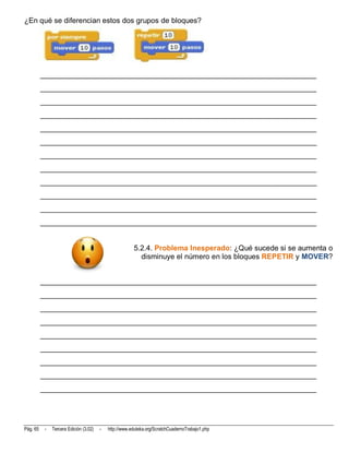 ¿En qué se diferencian estos dos grupos de bloques?




          __________________________________________________________________________
          __________________________________________________________________________
          __________________________________________________________________________
          __________________________________________________________________________
          __________________________________________________________________________
          __________________________________________________________________________
          __________________________________________________________________________
          __________________________________________________________________________
          __________________________________________________________________________
          __________________________________________________________________________
          __________________________________________________________________________
          __________________________________________________________________________


                                                        5.2.4. Problema Inesperado: ¿Qué sucede si se aumenta o
                                                          disminuye el número en los bloques REPETIR y MOVER?


          __________________________________________________________________________
          __________________________________________________________________________
          __________________________________________________________________________
          __________________________________________________________________________
          __________________________________________________________________________
          __________________________________________________________________________
          __________________________________________________________________________
          __________________________________________________________________________
          __________________________________________________________________________




Pág. 65    -   Tercera Edición (3.02)   -   http://www.eduteka.org/ScratchCuadernoTrabajo1.php
 