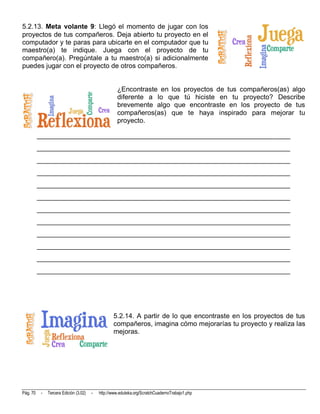 5.2.13. Meta volante 9: Llegó el momento de jugar con los
proyectos de tus compañeros. Deja abierto tu proyecto en el
computador y te paras para ubicarte en el computador que tu
maestro(a) te indique. Juega con el proyecto de tu
compañero(a). Pregúntale a tu maestro(a) si adicionalmente
puedes jugar con el proyecto de otros compañeros.


                                                     ¿Encontraste en los proyectos de tus compañeros(as) algo
                                                     diferente a lo que tú hiciste en tu proyecto? Describe
                                                     brevemente algo que encontraste en los proyecto de tus
                                                     compañeros(as) que te haya inspirado para mejorar tu
                                                     proyecto.

          __________________________________________________________________________
          __________________________________________________________________________
          __________________________________________________________________________
          __________________________________________________________________________
          __________________________________________________________________________
          __________________________________________________________________________
          __________________________________________________________________________
          __________________________________________________________________________
          __________________________________________________________________________
          __________________________________________________________________________
          __________________________________________________________________________
          __________________________________________________________________________




                                                   5.2.14. A partir de lo que encontraste en los proyectos de tus
                                                   compañeros, imagina cómo mejorarías tu proyecto y realiza las
                                                   mejoras.




Pág. 70    -   Tercera Edición (3.02)   -   http://www.eduteka.org/ScratchCuadernoTrabajo1.php
 