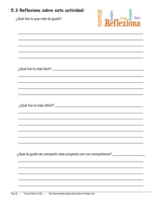 5.3 Reflexiona sobre esta actividad:
    ¿Qué fue lo que más te gustó?



          __________________________________________________________________________
          __________________________________________________________________________
          __________________________________________________________________________
          __________________________________________________________________________
          __________________________________________________________________________


          ¿Qué fue lo más fácil? ______________________________________________________
          __________________________________________________________________________
          __________________________________________________________________________
          __________________________________________________________________________
          __________________________________________________________________________


          ¿Qué fue lo más difícil? ____________________________________________________
          __________________________________________________________________________
          __________________________________________________________________________
          __________________________________________________________________________
          __________________________________________________________________________
          __________________________________________________________________________
          __________________________________________________________________________


      ¿Qué te gustó de compartir este proyecto con tus compañeros? ___________________
          __________________________________________________________________________
          __________________________________________________________________________
          __________________________________________________________________________
          __________________________________________________________________________
          __________________________________________________________________________

Pág. 82    -   Tercera Edición (3.02)   -   http://www.eduteka.org/ScratchCuadernoTrabajo1.php
 