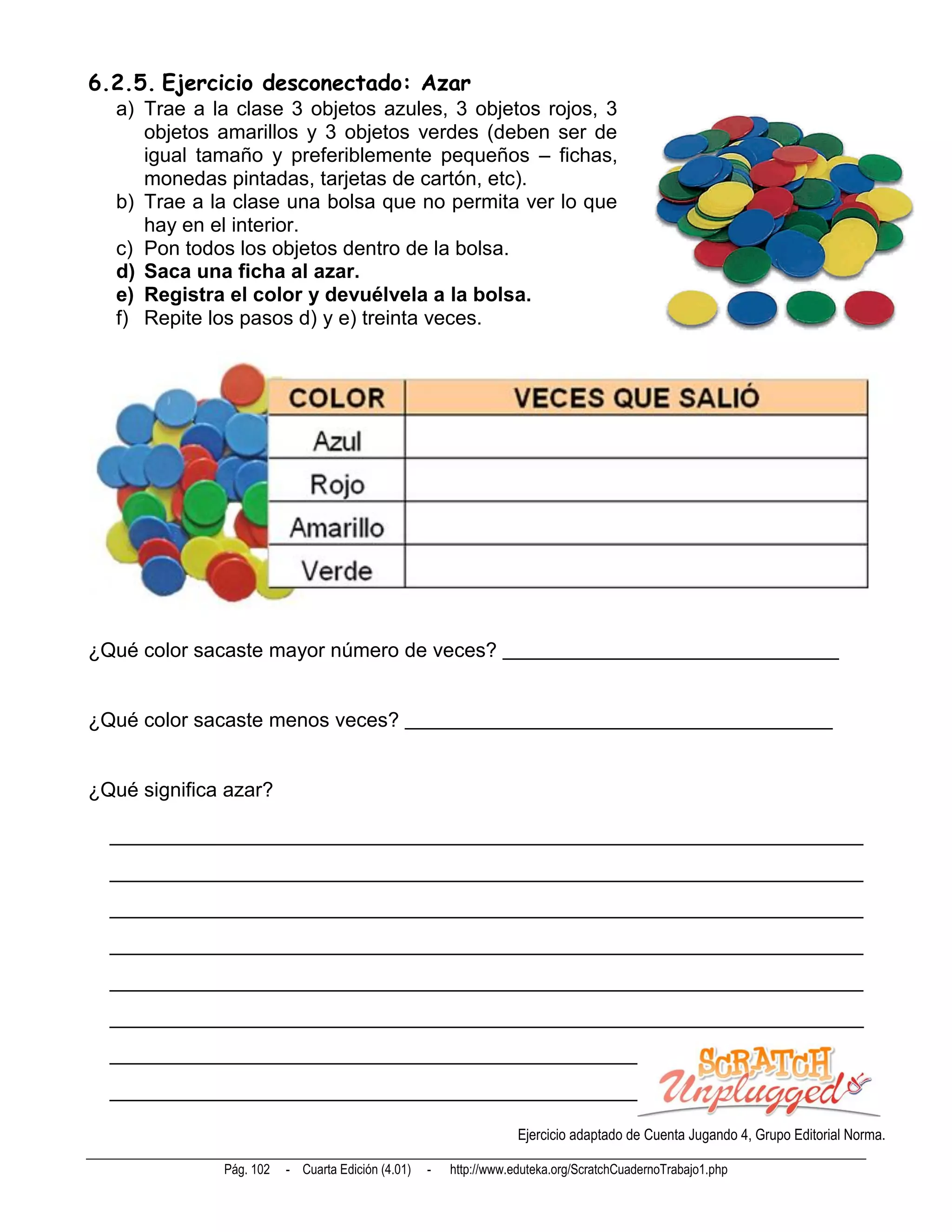 6.2.5. Ejercicio desconectado: Azar
   a) Trae a la clase 3 objetos azules, 3 objetos rojos, 3
      objetos amarillos y 3 objetos verdes (deben ser de
      igual tamaño y preferiblemente pequeños – fichas,
      monedas pintadas, tarjetas de cartón, etc).
   b) Trae a la clase una bolsa que no permita ver lo que
      hay en el interior.
   c) Pon todos los objetos dentro de la bolsa.
   d) Saca una ficha al azar.
   e) Registra el color y devuélvela a la bolsa.
   f) Repite los pasos d) y e) treinta veces.




¿Qué color sacaste mayor número de veces? _________________________________


¿Qué color sacaste menos veces? __________________________________________


¿Qué significa azar?

  __________________________________________________________________________
  __________________________________________________________________________
  __________________________________________________________________________
  __________________________________________________________________________
  __________________________________________________________________________
  __________________________________________________________________________
  __________________________________________________________________________
  __________________________________________________________________________

                                                                   Ejercicio adaptado de Cuenta Jugando 4, Grupo Editorial Norma.

              Pág. 102   - Cuarta Edición (4.01)   -   http://www.eduteka.org/ScratchCuadernoTrabajo1.php
 