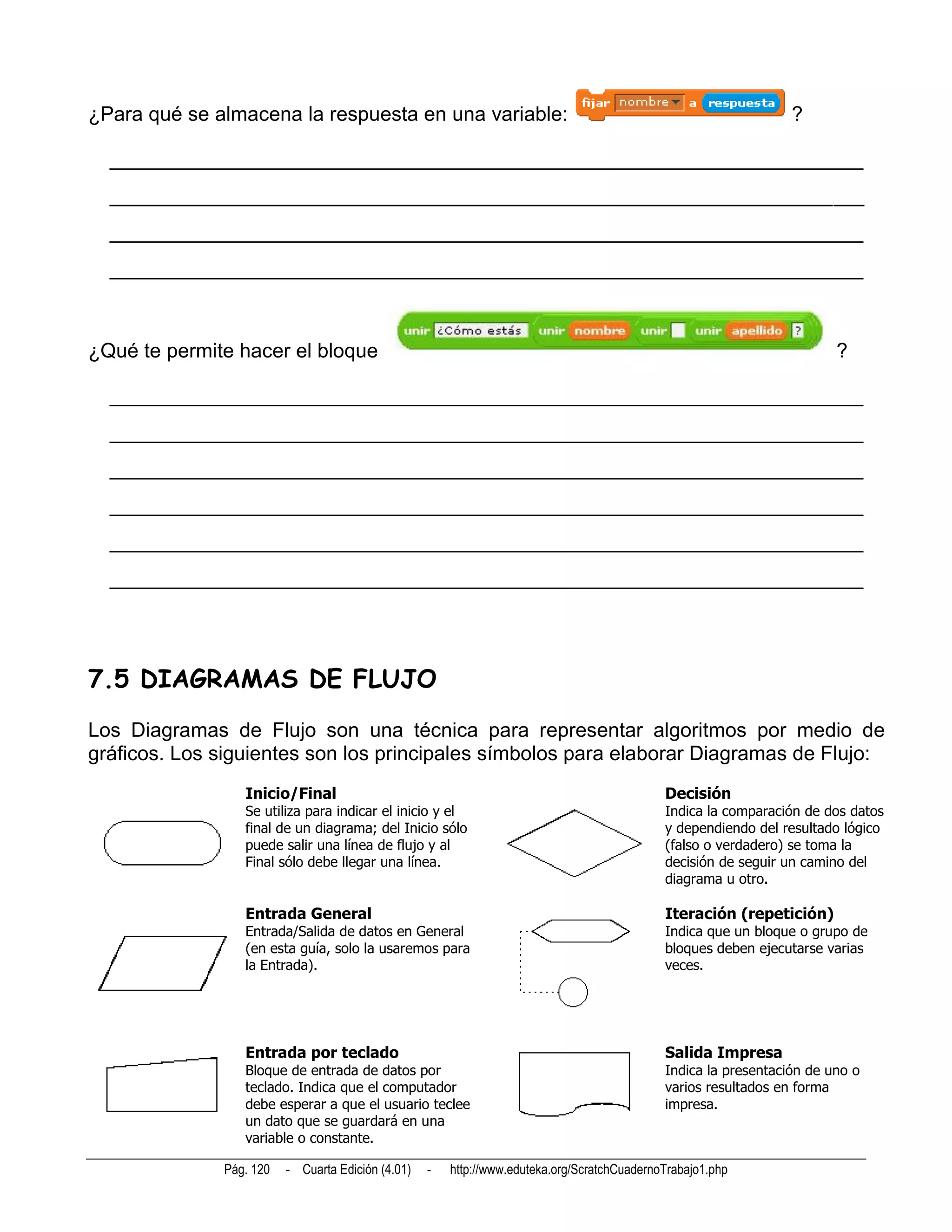¿Para qué se almacena la respuesta en una variable:                                                              ?

  __________________________________________________________________________
  __________________________________________________________________________
  __________________________________________________________________________
  __________________________________________________________________________



¿Qué te permite hacer el bloque                                                                                         ?

  __________________________________________________________________________
  __________________________________________________________________________
  __________________________________________________________________________
  __________________________________________________________________________
  __________________________________________________________________________
  __________________________________________________________________________




7.5 DIAGRAMAS DE FLUJO
Los Diagramas de Flujo son una técnica para representar algoritmos por medio de
gráficos. Los siguientes son los principales símbolos para elaborar Diagramas de Flujo:
                 Inicio/Final                                                                Decisión
                 Se utiliza para indicar el inicio y el                                      Indica la comparación de dos datos
                 final de un diagrama; del Inicio sólo                                       y dependiendo del resultado lógico
                 puede salir una línea de flujo y al                                         (falso o verdadero) se toma la
                 Final sólo debe llegar una línea.                                           decisión de seguir un camino del
                                                                                             diagrama u otro.

                 Entrada General                                                             Iteración (repetición)
                 Entrada/Salida de datos en General                                          Indica que un bloque o grupo de
                 (en esta guía, solo la usaremos para                                        bloques deben ejecutarse varias
                 la Entrada).                                                                veces.




                 Entrada por teclado                                                         Salida Impresa
                 Bloque de entrada de datos por                                              Indica la presentación de uno o
                 teclado. Indica que el computador                                           varios resultados en forma
                 debe esperar a que el usuario teclee                                        impresa.
                 un dato que se guardará en una
                 variable o constante.

              Pág. 120   - Cuarta Edición (4.01)   -   http://www.eduteka.org/ScratchCuadernoTrabajo1.php
 
