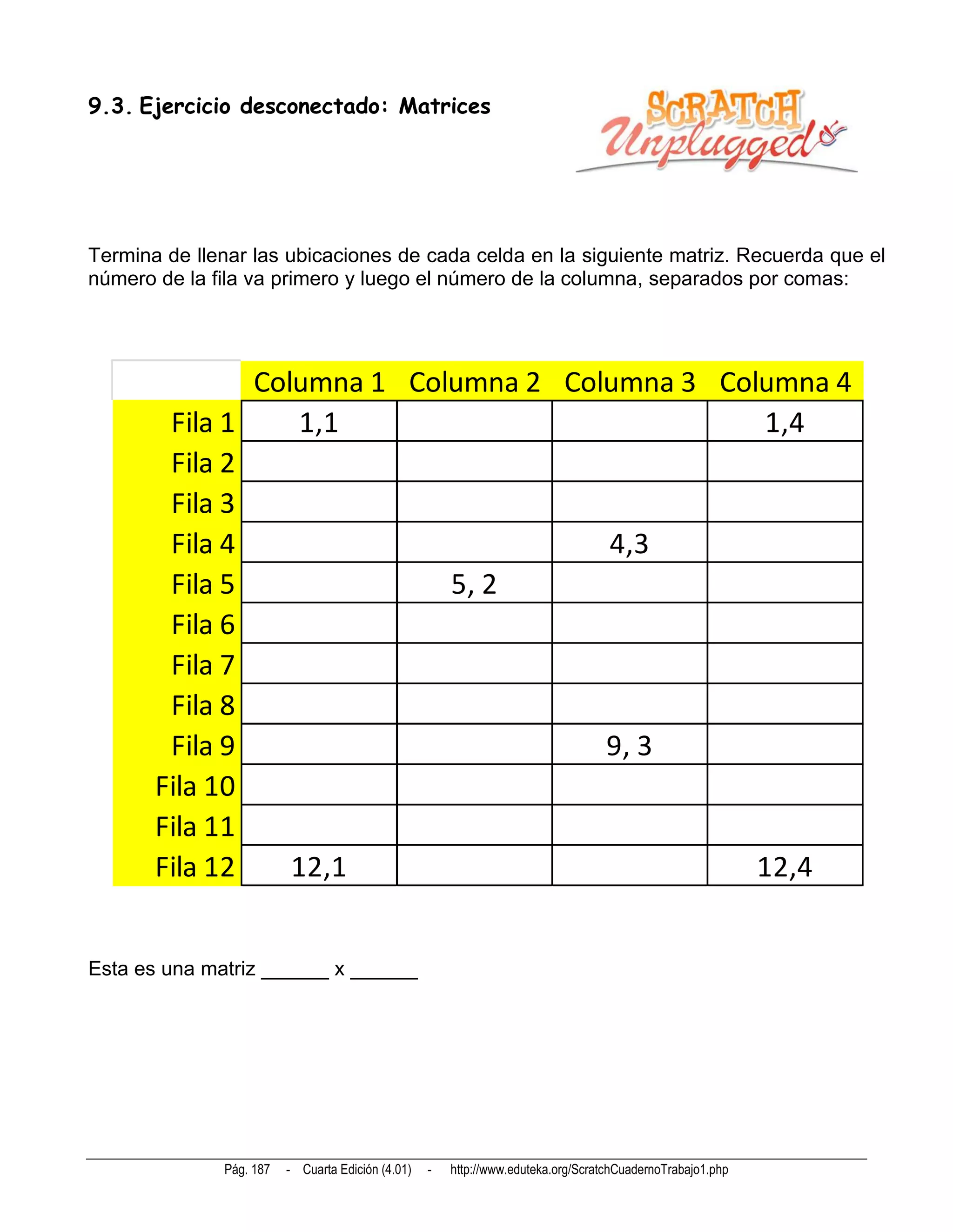9.3. Ejercicio desconectado: Matrices




Termina de llenar las ubicaciones de cada celda en la siguiente matriz. Recuerda que el
número de la fila va primero y luego el número de la columna, separados por comas:




               Columna 1 Columna 2 Columna 3 Columna 4
        Fila 1     1,1                          1,4
        Fila 2
        Fila 3
        Fila 4                        4,3
        Fila 5              5, 2
        Fila 6
        Fila 7
        Fila 8
        Fila 9                        9, 3
       Fila 10
       Fila 11
       Fila 12    12,1                          12,4


Esta es una matriz ______ x ______




              Pág. 187   - Cuarta Edición (4.01)   -   http://www.eduteka.org/ScratchCuadernoTrabajo1.php
 