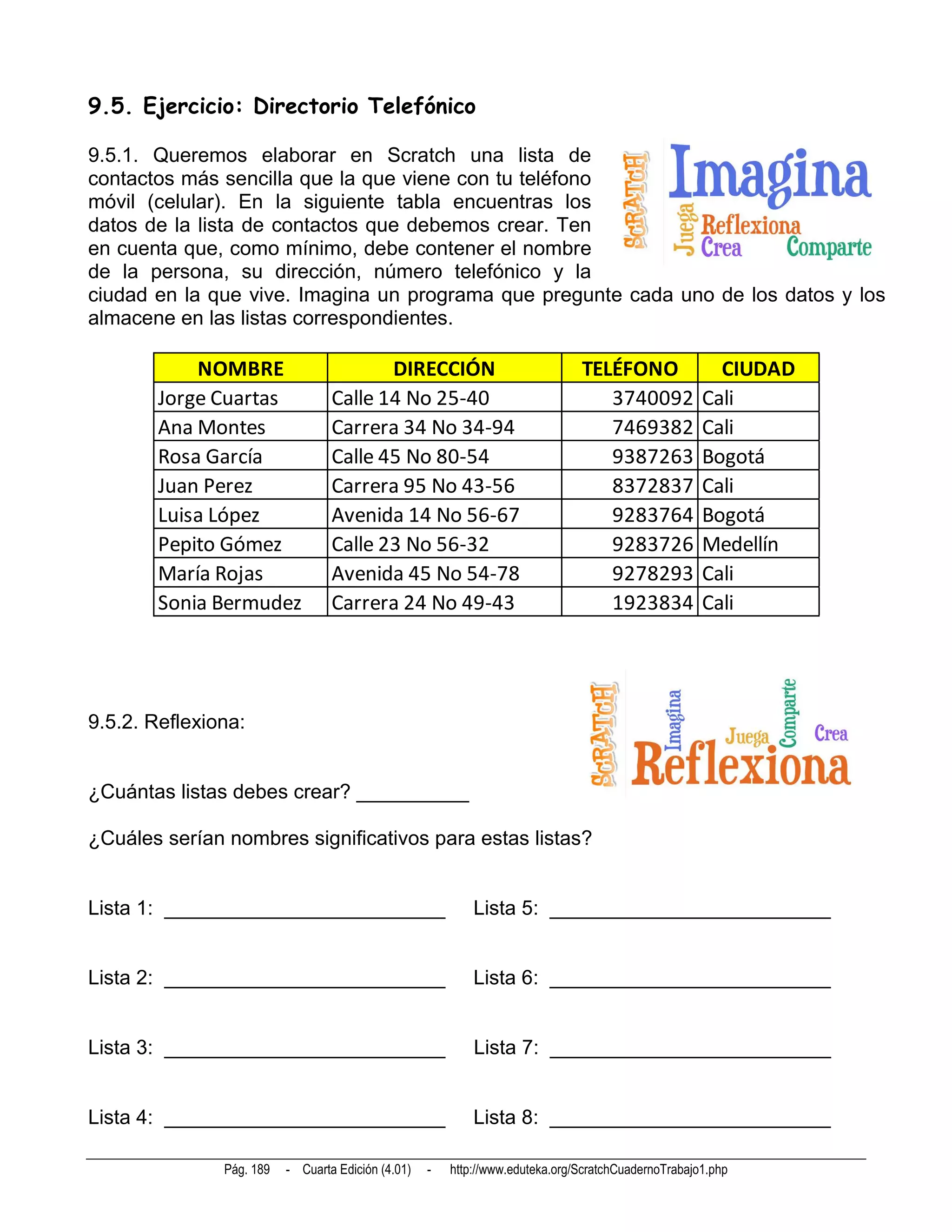 9.5. Ejercicio: Directorio Telefónico

9.5.1. Queremos elaborar en Scratch una lista de
contactos más sencilla que la que viene con tu teléfono
móvil (celular). En la siguiente tabla encuentras los
datos de la lista de contactos que debemos crear. Ten
en cuenta que, como mínimo, debe contener el nombre
de la persona, su dirección, número telefónico y la
ciudad en la que vive. Imagina un programa que pregunte cada uno de los datos y los
almacene en las listas correspondientes.

            NOMBRE                       DIRECCIÓN                             TELÉFONO                CIUDAD
        Jorge Cuartas             Calle 14 No 25-40                               3740092            Cali
        Ana Montes                Carrera 34 No 34-94                             7469382            Cali
        Rosa García               Calle 45 No 80-54                               9387263            Bogotá
        Juan Perez                Carrera 95 No 43-56                             8372837            Cali
        Luisa López               Avenida 14 No 56-67                             9283764            Bogotá
        Pepito Gómez              Calle 23 No 56-32                               9283726            Medellín
        María Rojas               Avenida 45 No 54-78                             9278293            Cali
        Sonia Bermudez            Carrera 24 No 49-43                             1923834            Cali




9.5.2. Reflexiona:


¿Cuántas listas debes crear? __________

¿Cuáles serían nombres significativos para estas listas?


Lista 1: _________________________                          Lista 5: _________________________


Lista 2: _________________________                          Lista 6: _________________________


Lista 3: _________________________                          Lista 7: _________________________


Lista 4: _________________________                          Lista 8: _________________________

               Pág. 189   - Cuarta Edición (4.01)   -   http://www.eduteka.org/ScratchCuadernoTrabajo1.php
 