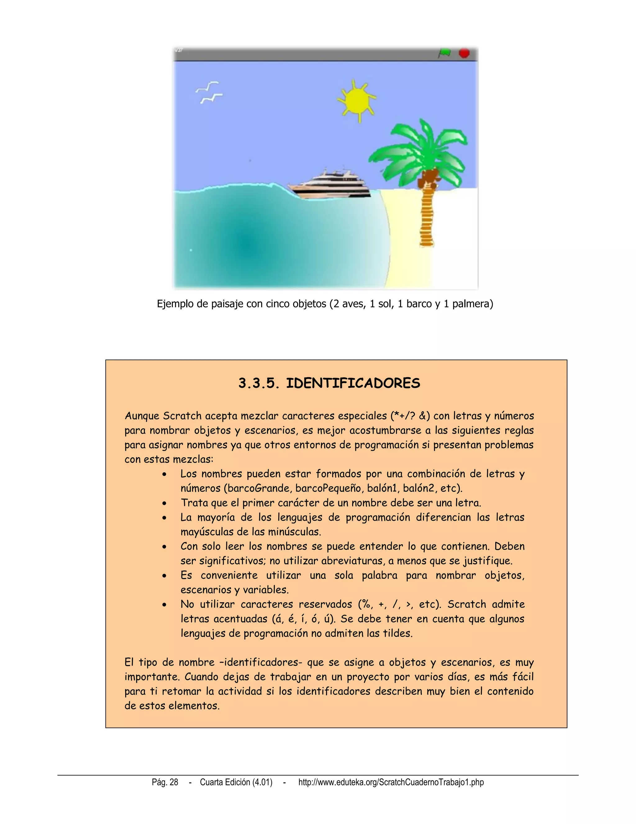 Ejemplo de paisaje con cinco objetos (2 aves, 1 sol, 1 barco y 1 palmera)




                            3.3.5. IDENTIFICADORES

Aunque Scratch acepta mezclar caracteres especiales (*+/? &) con letras y números
para nombrar objetos y escenarios, es mejor acostumbrarse a las siguientes reglas
para asignar nombres ya que otros entornos de programación si presentan problemas
con estas mezclas:
         Los nombres pueden estar formados por una combinación de letras y
           números (barcoGrande, barcoPequeño, balón1, balón2, etc).
         Trata que el primer carácter de un nombre debe ser una letra.
         La mayoría de los lenguajes de programación diferencian las letras
           mayúsculas de las minúsculas.
         Con solo leer los nombres se puede entender lo que contienen. Deben
           ser significativos; no utilizar abreviaturas, a menos que se justifique.
         Es conveniente utilizar una sola palabra para nombrar objetos,
           escenarios y variables.
         No utilizar caracteres reservados (%, +, /, >, etc). Scratch admite
           letras acentuadas (á, é, í, ó, ú). Se debe tener en cuenta que algunos
           lenguajes de programación no admiten las tildes.

El tipo de nombre –identificadores- que se asigne a objetos y escenarios, es muy
importante. Cuando dejas de trabajar en un proyecto por varios días, es más fácil
para ti retomar la actividad si los identificadores describen muy bien el contenido
de estos elementos.




     Pág. 28   - Cuarta Edición (4.01)   -   http://www.eduteka.org/ScratchCuadernoTrabajo1.php
 