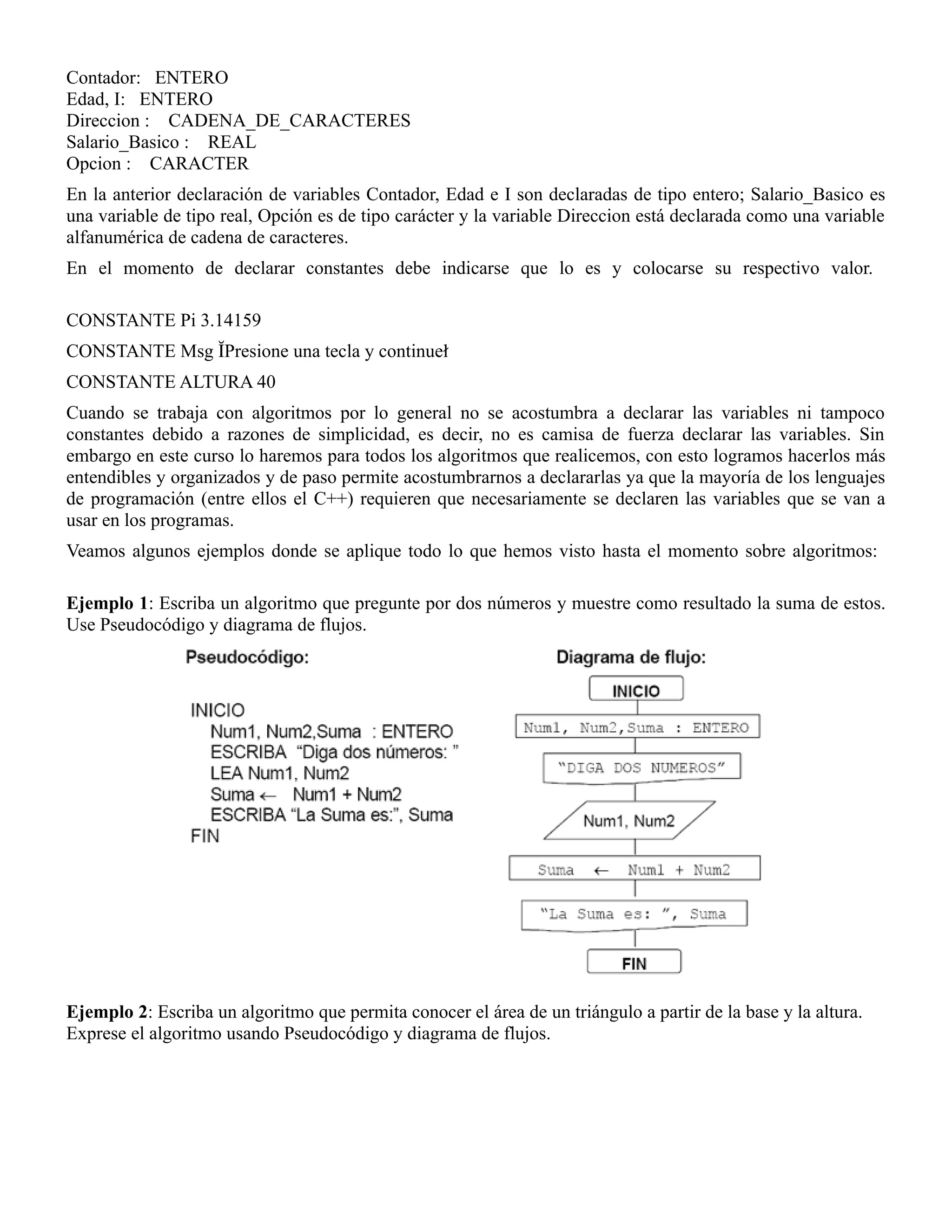 Contador: ENTERO
Edad, I: ENTERO
Direccion : CADENA_DE_CARACTERES
Salario_Basico : REAL
Opcion : CARACTER
En la anterior declaración de variables Contador, Edad e I son declaradas de tipo entero; Salario_Basico es
una variable de tipo real, Opción es de tipo carácter y la variable Direccion está declarada como una variable
alfanumérica de cadena de caracteres.
En el momento de declarar constantes debe indicarse que lo es y colocarse su respectivo valor.

CONSTANTE Pi 3.14159
CONSTANTE Msg “Presione una tecla y continue”
CONSTANTE ALTURA 40
Cuando se trabaja con algoritmos por lo general no se acostumbra a declarar las variables ni tampoco
constantes debido a razones de simplicidad, es decir, no es camisa de fuerza declarar las variables. Sin
embargo en este curso lo haremos para todos los algoritmos que realicemos, con esto logramos hacerlos más
entendibles y organizados y de paso permite acostumbrarnos a declararlas ya que la mayoría de los lenguajes
de programación (entre ellos el C++) requieren que necesariamente se declaren las variables que se van a
usar en los programas.
Veamos algunos ejemplos donde se aplique todo lo que hemos visto hasta el momento sobre algoritmos:

Ejemplo 1: Escriba un algoritmo que pregunte por dos números y muestre como resultado la suma de estos.
Use Pseudocódigo y diagrama de flujos.




Ejemplo 2: Escriba un algoritmo que permita conocer el área de un triángulo a partir de la base y la altura.
Exprese el algoritmo usando Pseudocódigo y diagrama de flujos.
 