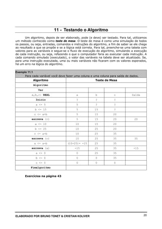 ELABORADO POR BRUNO TONET & CRISTIAN KOLIVER 20
11 - Testando o Algoritmo
Um algoritmo, depois de ser elaborado, pode (e deve) ser testado. Para tal, utilizamos
um método conhecido como teste de mesa. O teste de mesa é como uma simulação de todos
os passos, ou seja, entradas, comandos e instruções do algoritmo, a fim de saber se ele chega
ao resultado a que se propõe e se a lógica está correta. Para tal, preenche-se uma tabela com
valores para as variáveis e segue-se o fluxo de execução do algoritmo, simulando a execução
de cada instrução, ou seja, refazendo o que o computador faria ao executar cada instrução. A
cada comando simulado (executado), o valor das variáveis na tabela deve ser atualizado. Se,
para uma instrução executada, uma ou mais variáveis não ficaram com os valores esperados,
há um erro na lógica do algoritmo.
Exemplo 11.1
Para cada variável você deve fazer uma coluna e uma coluna para saída de dados.
Algoritmo Teste de Mesa
Algoritmo
Var
a,b,c: REAL a b c Saída
Inicio ? ? ?
a <- 5 5 ? ?
b <- 15 5 15 ?
c <- a+b 5 15 20
escreva (c) 5 15 20 20
a <- 10 10 15 20
b <- 25 10 25 20
c <- a+b 10 25 35
escreva (c) 10 25 35 35
a <- a-b (10-25)= -15 25 35
escreva (a) -15 25 35 -15
a <- 0 0 25 35
b <- 0 0 0 35
c <- 0 0 0 0
Fimalgoritmo
Exercícios na página 43
 
