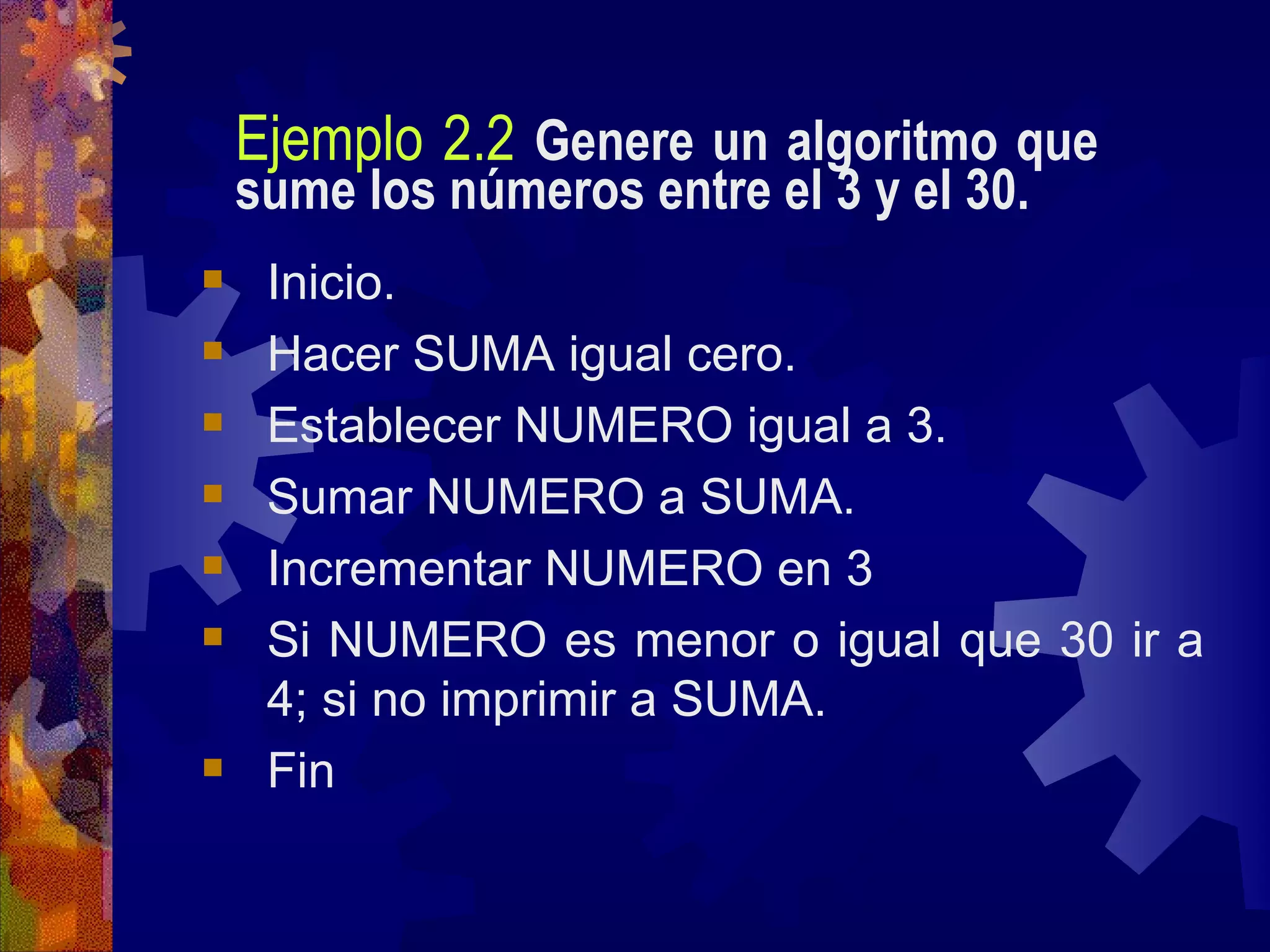 Ejemplo 2.2   Genere un algoritmo que sume los números entre el 3 y el 30. Inicio. Hacer SUMA igual cero. Establecer NUMERO igual a 3. Sumar NUMERO a SUMA. Incrementar NUMERO en 3 Si NUMERO es menor o igual que 30 ir a 4; si no imprimir a SUMA. Fin 
