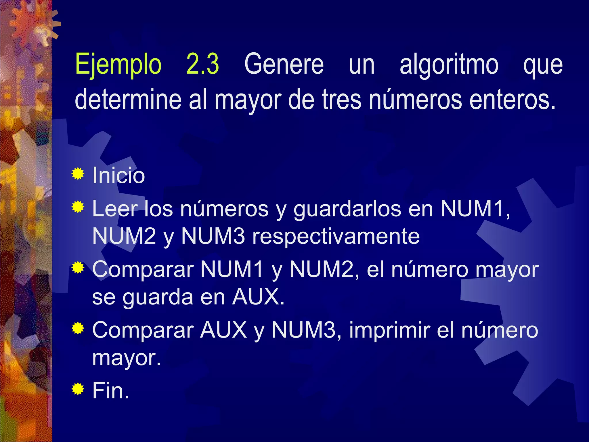 Ejemplo 2.3   Genere un algoritmo que determine al mayor de tres números enteros. Inicio Leer los números y guardarlos en NUM1, NUM2 y NUM3 respectivamente Comparar NUM1 y NUM2, el número mayor se guarda en AUX. Comparar AUX y NUM3, imprimir el número mayor. Fin. 