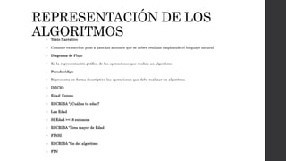 REPRESENTACIÓN DE LOS
ALGORITMOS• Texto Narrativo
• Consiste en escribir paso a paso las acciones que se deben realizar empleando el lenguaje natural.
• Diagrama de Flujo
• Es la representación gráfica de las operaciones que realiza un algoritmo.
• Pseudocódigo
• Representa en forma descriptiva las operaciones que debe realizar un algoritmo.
• INICIO
• Edad: Entero
• ESCRIBA “¿Cuál es tu edad?
• Lea Edad
• SI Edad >=18 entonces
• ESCRIBA “Eres mayor de Edad
• FINSI
• ESCRIBA “fin del algoritmo
• FIN
 