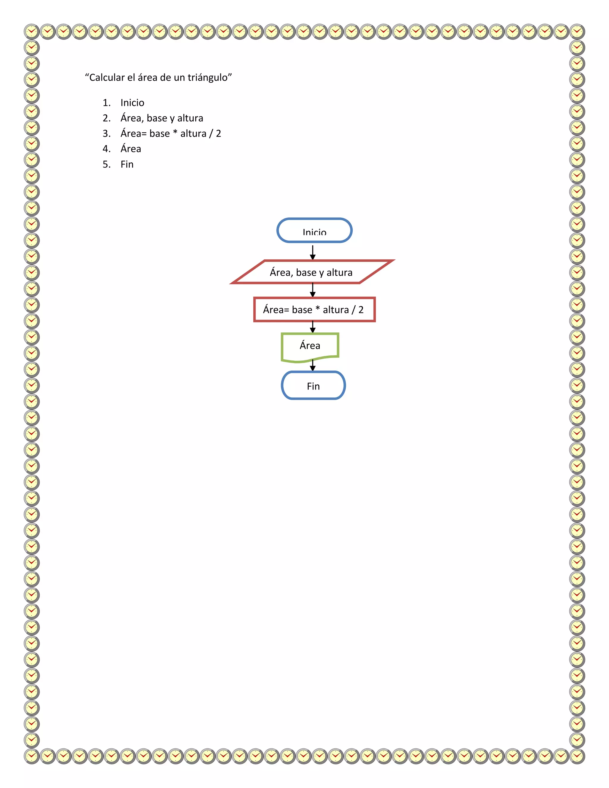 “Calcular el área de un triángulo”

    1.   Inicio
    2.   Área, base y altura
    3.   Área= base * altura / 2
    4.   Área
    5.   Fin




                                              Inicio


                                      Área, base y altura


                                     Área= base * altura / 2


                                             Área


                                               Fin
 