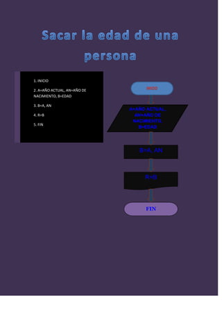 1. INICIO

2. A=AÑO ACTUAL, AN=AÑO DE
NACIMIENTO, B=EDAD

3. B=A, AN
                             A=AÑO ACTUAL,
4. R=B                         AN=AÑO DE
                              NACIMIENTO,
5. FIN
                                B=EDAD




                                B=A, AN



                                  R=B




                                  FIN
 