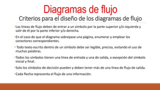 Diagramas de flujo
Criterios para el diseño de los diagramas de flujo
•Las líneas de flujo deben de entrar a un símbolo por la parte superior y/o izquierda y
salir de él por la parte inferior y/o derecha.
•En el caso de que el diagrama sobrepase una página, enumerar y emplear los
conectores correspondientes.
• Todo texto escrito dentro de un símbolo debe ser legible, preciso, evitando el uso de
muchas palabras.
•Todos los símbolos tienen una línea de entrada y una de salida, a excepción del símbolo
inicial y final.
•Solo los símbolos de decisión pueden y deben tener más de una línea de flujo de salida.
•Cada flecha representa el flujo de una información.
 