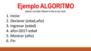 Ejemplo ALGORITMO
Ingresar una edad. Obtener el año en que nació.
1. Inicio
2. Declarar (edad,año)
3. Ingresar (edad)
4. año=2017-edad
5. Mostrar (año)
6. Fin
 