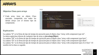 ARRAYS
Objectos Class para arrays
 Cada array tiene un objeto Class
asociado, compartido con todos los
demás arrays con el mismo tipo de
componente.
La cadena “[I” es la firma de tipo de tiempo de ejecución para el objeto class “array with component type int”.
La única superclase directa de cualquier tipo de array es java.lang.Object.
La cadena “[B” es la firma de tipo de tiempo de ejecución para el objeto class “array with component type byte”.
La cadena “[S” es la firma de tipo de tiempo de ejecución para el objeto class “array with component type short”.
La cadena “[L” es la firma de tipo de tiempo de ejecución para el objeto class “array with component type of a Class”. El
nombre de la clase es seguido.
Explicación:
12
ALGORITMOSY
ESTRUCTURAS
DEDATOS
CHRISTIANTORRES
 