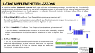 LISTASSIMPLEMENTEENLAZADAS
Se considera una lista simplemente enlazada donde cada nodo tiene un único campo de enlace o referencia a otro elemento de la
misma estructura, normalmente se cuenta con una variable estática que contiene la referencia al primer nodo de la estructura, así cada
nodo (excepto el último) enlazará con el nodo siguiente, y el enlace del último nodo contendrá NULL para indicar el final de la lista.
Por la forma de tratar a los nodos se clasifican en:
1. PILAS Lista LIFO (Last Input, First Output/último en entrar, primero en salir)
2. COLAS Lista FIFO (First Input, First Output/primero en entrar, primero en salir)
Es una lista ordinal o estructura de datos secuencial en la que el modo almacenar y recuperar los datos consiste en
aplicar la regla LIFO dónde el último nodo en entrar es el primero en salir.
Es una lista ordinal o estructura de datos secuencial en la que el modo almacenar y recuperar
los datos consiste en aplicar la regla FIFO dónde el primer nodo en entrar es el primer nodo
en salir.
A una lista se la definen como un conjunto de nodos en secuencia sin reglas
específicas del cual siempre se puede conocer el nodo inicial y el nodo final
así como cada nodo de la lista, su estructura puede ser usada para
implementar otras estructuras de datos.
3. LISTAS ABIERTAS
25
ALGORITMOSY
ESTRUCTURAS
DEDATOS
CHRISTIANTORRES
 