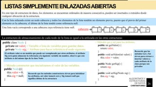 LISTASSIMPLEMENTEENLAZADASABIERTAS
La estructura de almacenamiento de cada nodo de la lista es igual a la utilizada en las otras estructuras:
Con la lista enlazada existe un nodo cabecera y todos los elementos de la lista tendrán un elemento previo, puesto que el previo del primer
elemento es la cabecera, el último de la lista tendrá como referencia null.
public class Nodo {
private int valor; // Variable o lista de variables para guardar datos.
private Nodo sig; // Atributo para hacer referencia al nodo siguiente.
// Métodos get y set para los atributos.
public int getValor() {
return valor;
}
public void setValor(int valor) {
this.valor = valor;
}
public Nodo getSig() {
return sig;
}
public void setSig(Nodo sig) {
this.sig = sig;
}
}
El atributo valor es un modelo que puede ser reemplazado por otros atributos, el atributo
Sig será quien almacene la referencia a la siguiente variable sin nombre, observe que este
atributo es del mismo tipo de la clase Nodo
En este tipo de estructura de datos, los elementos se encuentran ordenados de manera consecutiva, pueden ser insertados o extraídos desde
cualquier ubicación de la estructura.
// Método constructor que inicializamos el valor de las variables.
public Nodo(){
this.valor = 0;
this.sig = null;
}
Recuerde que los métodos constructores sirven para inicializar
los atributos, así valor tomará cero y Sig tomará null que
significa último de la estructura
Recuerde que los
métodos Get y Set
sirven para extraer e
insertar valores a
cada atributo de la
clase porque son
privados
Una lista vacía corresponde a una cabecera cuya referencia tiene null.
cabecera
26
ALGORITMOSY
ESTRUCTURAS
DEDATOS
CHRISTIANTORRES
 