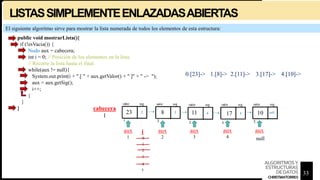 LISTASSIMPLEMENTEENLAZADASABIERTAS
public void mostrarLista(){
if (!esVacia()) {
Nodo aux = cabecera;
int i = 0; // Posición de los elementos en la lista.
// Recorre la lista hasta el final.
while(aux != null){
System.out.print(i + ".[ " + aux.getValor() + " ]" + " -> ");
aux = aux.getSig();
i++;
}
}
}
El siguiente algoritmo sirve para mostrar la lista numerada de todos los elementos de esta estructura:
null
23 2 8 3 11 17 10
4 5
cabecera
1
aux
1
aux
2
aux
3
aux
4
aux
5
0.[23]-> 1.[8]-> 2.[11]-> 3.[17]-> 4.[10]->
i
2
3
4
5
0
1
null
33
ALGORITMOSY
ESTRUCTURAS
DEDATOS
CHRISTIANTORRES
 
