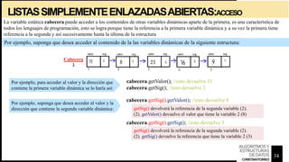 LISTASSIMPLEMENTEENLAZADASABIERTAS:ACCESO
La variable estática cabecera puede acceder a los contenidos de otras variables dinámicas aparte de la primera, es una característica de
todos los lenguajes de programación, esto se logra porque tiene la referencia a la primera variable dinámica y a su vez la primera tiene
referencia a la segunda y así sucesivamente hasta la última de la estructura
Por ejemplo, para acceder al valor y la dirección que
contiene la primera variable dinámica se lo haría así:
Por ejemplo, suponga que desea acceder al valor y la
dirección que contiene la segunda variable dinámica:
Por ejemplo, suponga que desea acceder al contenido de la las variables dinámicas de la siguiente estructura:
Cabecera
1
cabecera.getValor(); //esto devuelve 11
cabecera.getSig(); //esto devuelve 2
cabecera.getSig().getValor(); //esto devuelve 8
cabecera.getSig().getSig(); //esto devuelve 3
getSig() devolverá la referencia de la segunda variable (2).
(2). getValor() devuelve el valor que tiene la variable 2 (8)
getSig() devolverá la referencia de la segunda variable (2).
(2). getSig() devuelve la referencia que tiene la variable 2 (3)
34
ALGORITMOSY
ESTRUCTURAS
DEDATOS
CHRISTIANTORRES
 