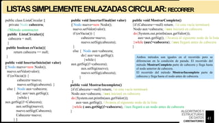 LISTASSIMPLEMENTEENLAZADASCIRCULAR:RECORRER
public boolean esVacia(){
return cabecera == null;
}
public void InsertarInicio(int valor)
{ Nodo nuevo=new Nodo();
nuevo.setValor(valor);
if (esVacia()) {
cabecera=nuevo;
nuevo.setSig(cabecera); }
else { Nodo aux=cabecera;
do{ aux=aux.getSig();
}while (
aux.getSig()!=Cabecera);
aux.setSig(nuevo);
nuevo.setSig(Cabecera);
Cabecera=nuevo;
} }
public class ListaCircular {
private Nodo cabecera;
//Método constructor
public ListaCircular(){
cabecera = null;
}
Ambos métodos son iguales en el recorrido pero se
diferencian en la condición de parada. El recorrido del
método MostrarCompleto parte de cabecera y llega hasta
el nodo anterior de cabecera.
El recorrido del método MostrarIncompleto parte de
cabecera y llega hasta el nodo antes de cabecera.
public void InsertarFinal(int valor)
{ Nodo nuevo=new Nodo();
nuevo.setValor(valor);
if (esVacia()) {
cabecera=nuevo;
nuevo.setSig(cabecera);
}
else { Nodo aux=cabecera;
do{ aux=aux.getSig();
}while (
aux.getSig()!=cabecera);
aux.setSig(nuevo);
nuevo.setSig(cabecera);
}
}
public void MostrarCompleto()
{if (Cabecera==null) return; //si esta vacía terminará
Nodo aux=cabecera; //aux iniciará en cabecera
do{System.out.println(aux.getValor());
aux=aux.getSig(); //Avanza al siguiente nodo de la lista
}while (aux!=cabecera); //aux llegará antes de cabecera
}
public void MostrarIncompleto()
{if (Cabecera==null) return; //si esta vacía terminará
Nodo aux=cabecera; //aux iniciará en cabecera
do{System.out.println(aux.getValor());
aux=aux.getSig(); //Avanza al siguiente nodo de la lista
}while ( aux.getSig()!=cabecera); //aux llegará a un nodo antes de cabecera
}
41
ALGORITMOSY
ESTRUCTURAS
DEDATOS
CHRISTIANTORRES
 