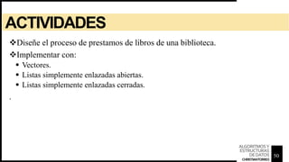 ACTIVIDADES
Diseñe el proceso de prestamos de libros de una biblioteca.
Implementar con:
 Vectores.
 Listas simplemente enlazadas abiertas.
 Listas simplemente enlazadas cerradas.
.
50
ALGORITMOSY
ESTRUCTURAS
DEDATOS
CHRISTIANTORRES
 
